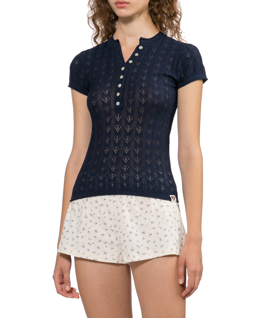 Short-sleeve henley knit top