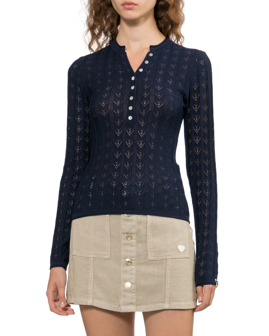 Long-sleeve henley knit top
