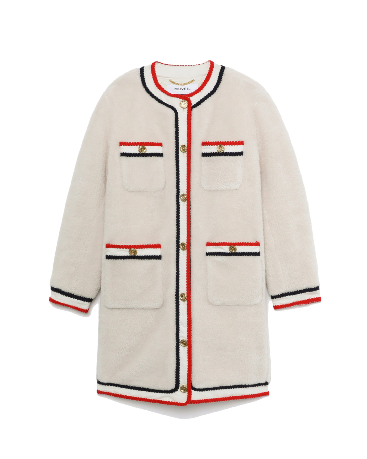 Collarless fleece coat