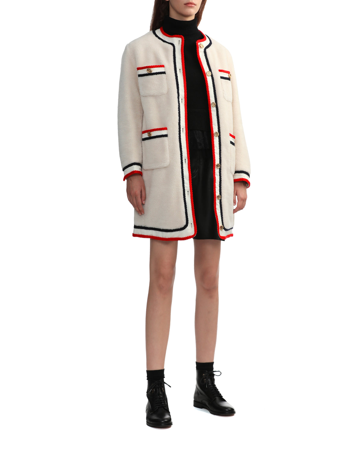 Collarless fleece coat