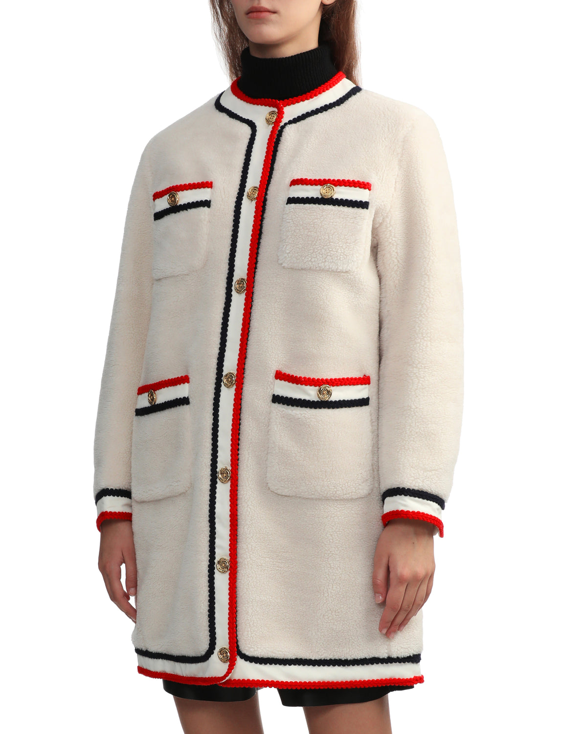 Collarless fleece coat
