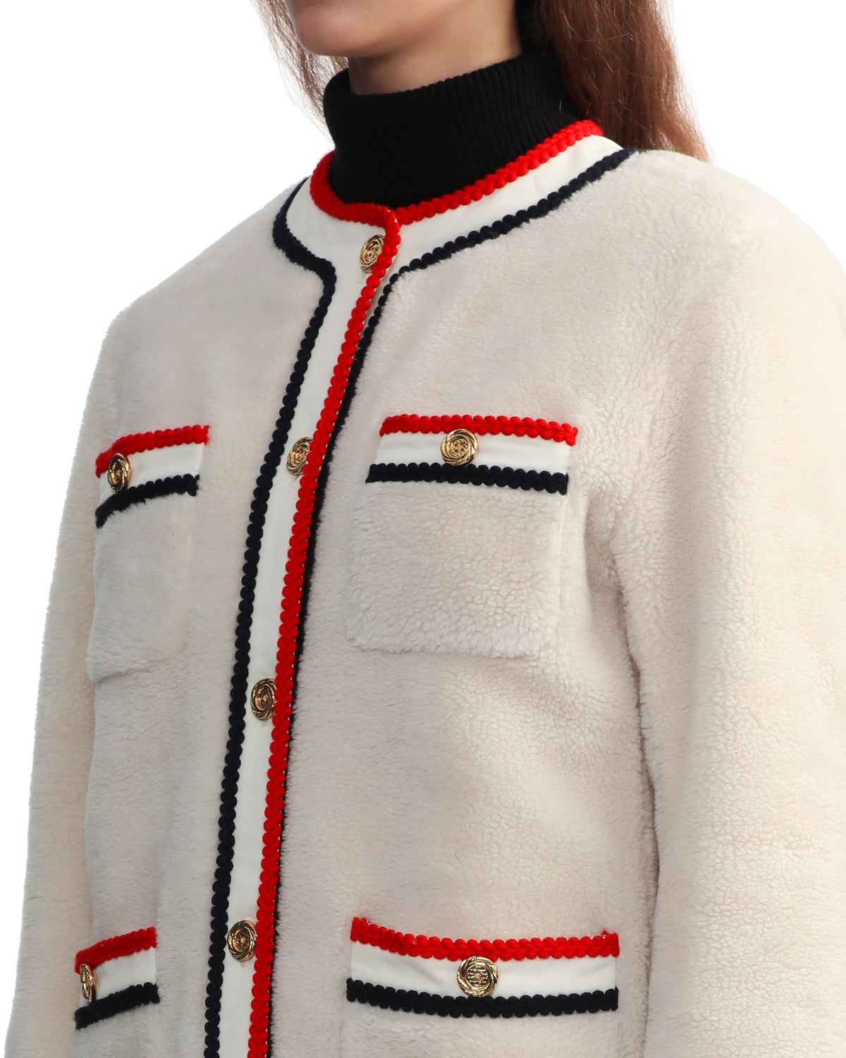 Collarless fleece coat