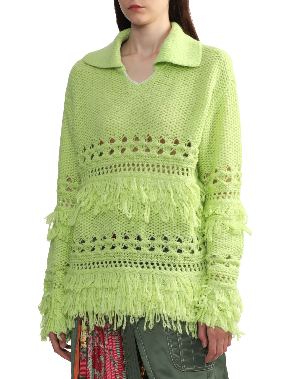 Fringed polo knit sweater