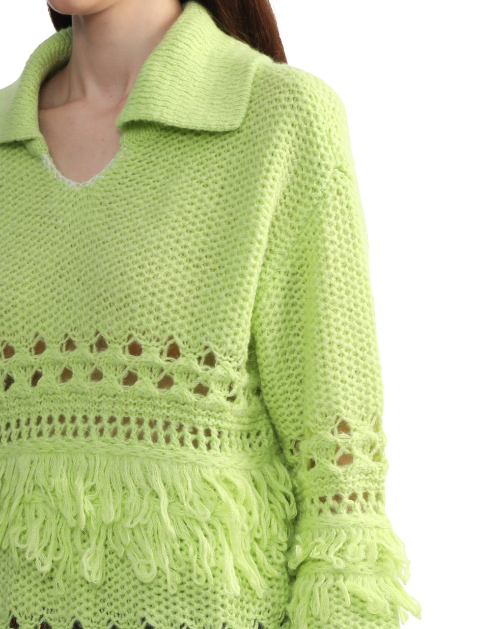 Fringed polo knit sweater