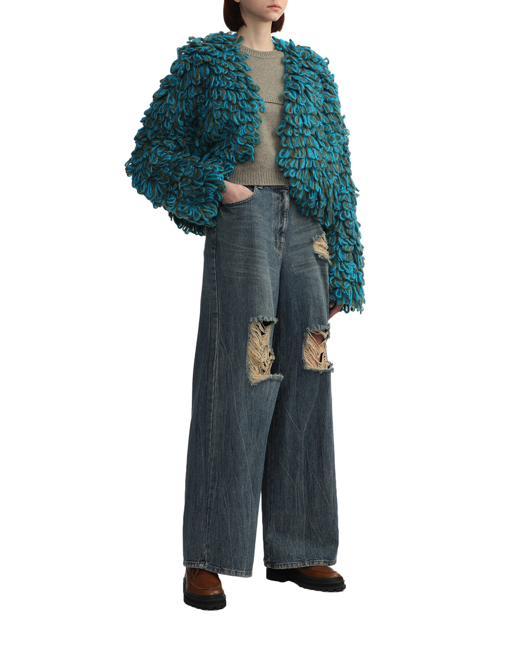 Cropped marled-knit cardigan