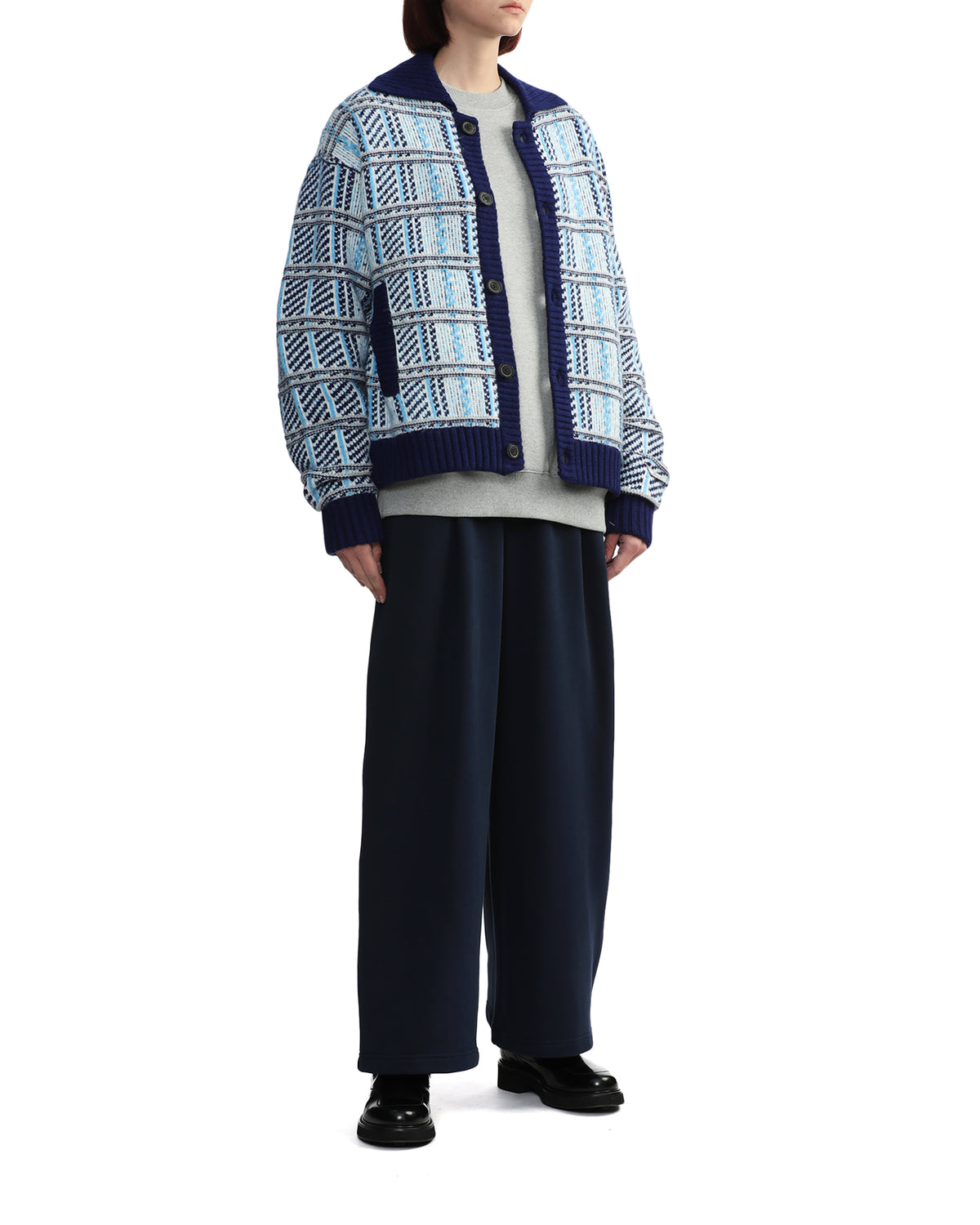 Collared jacquard nylon wool cardigan