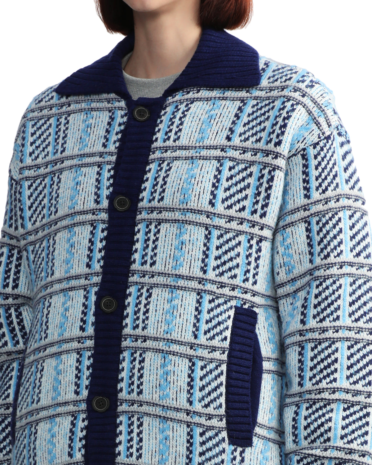 Collared jacquard nylon wool cardigan