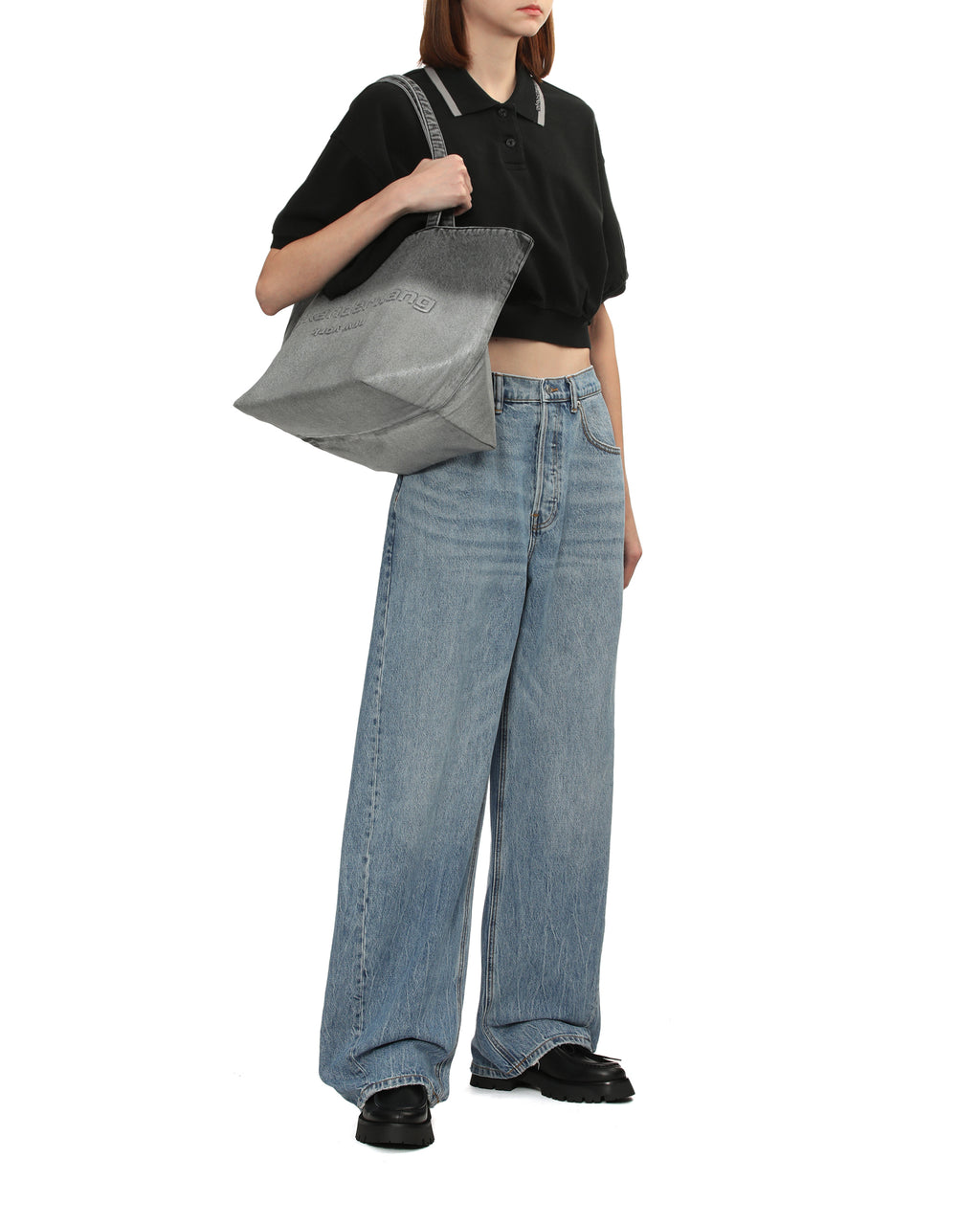 Coated denim punch tote bag