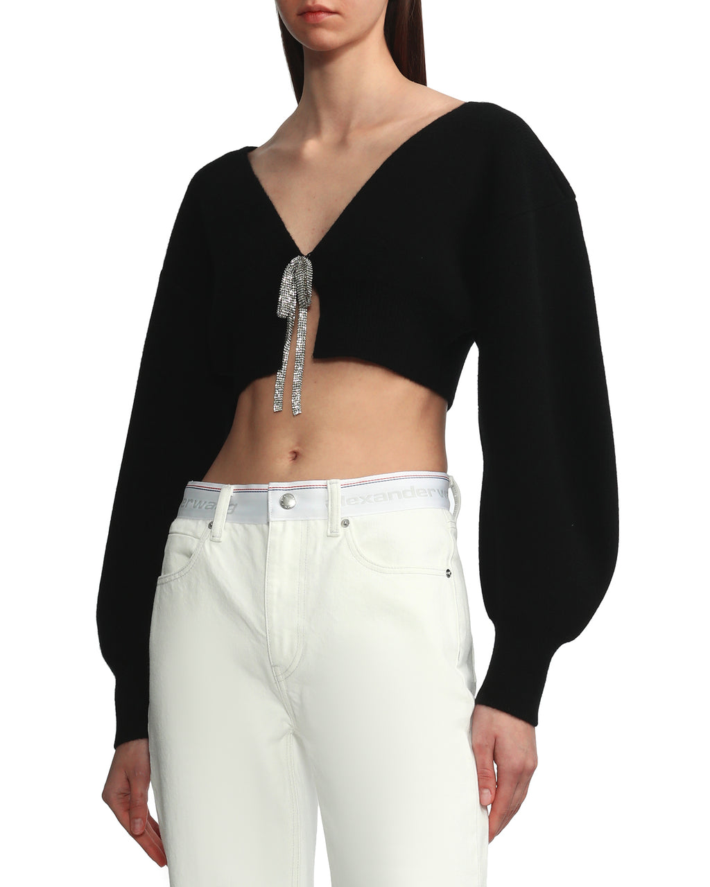 V-neck cropped boiled wool cardigan