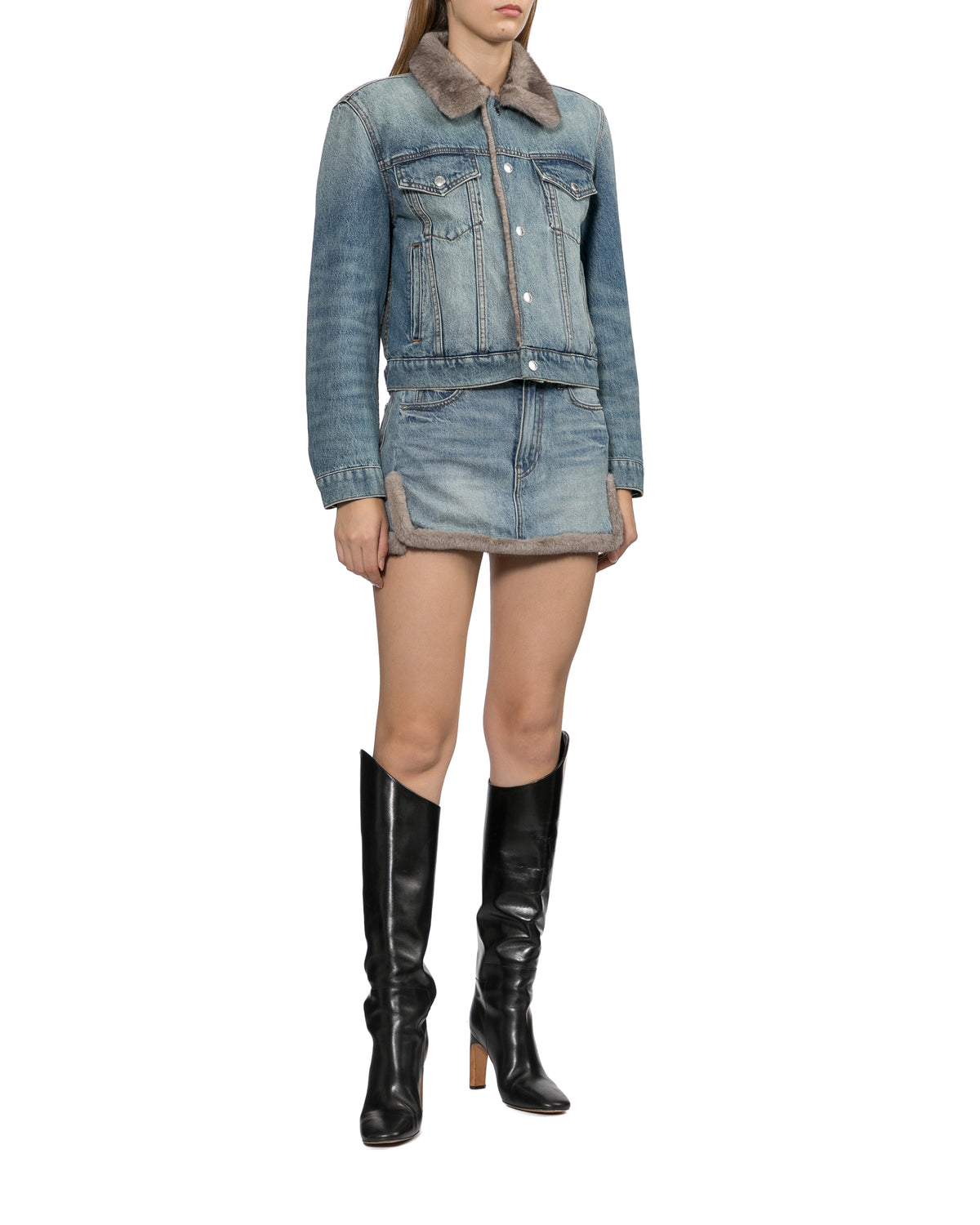 Fur collar denim jacket