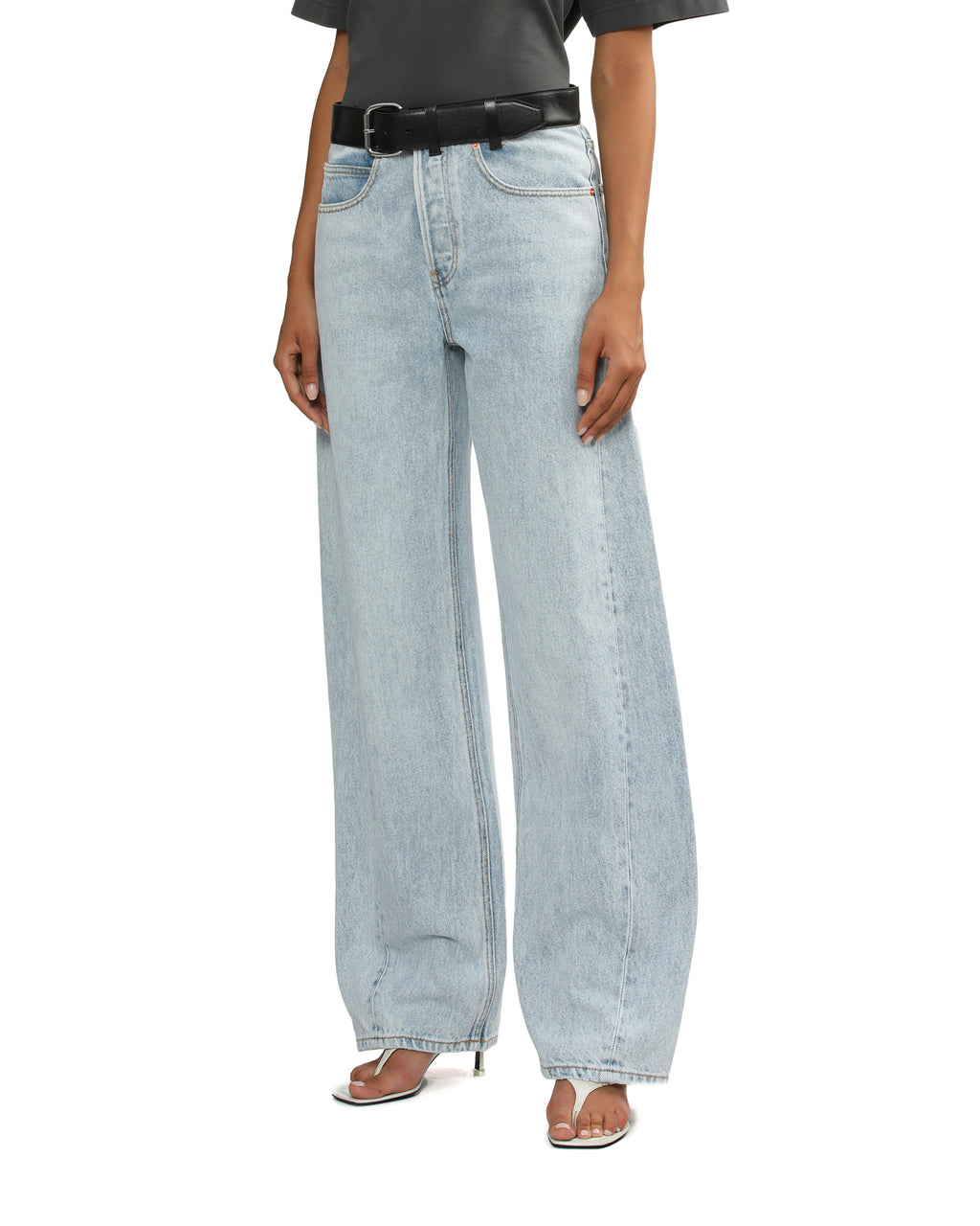 Leather belted balloon jeans