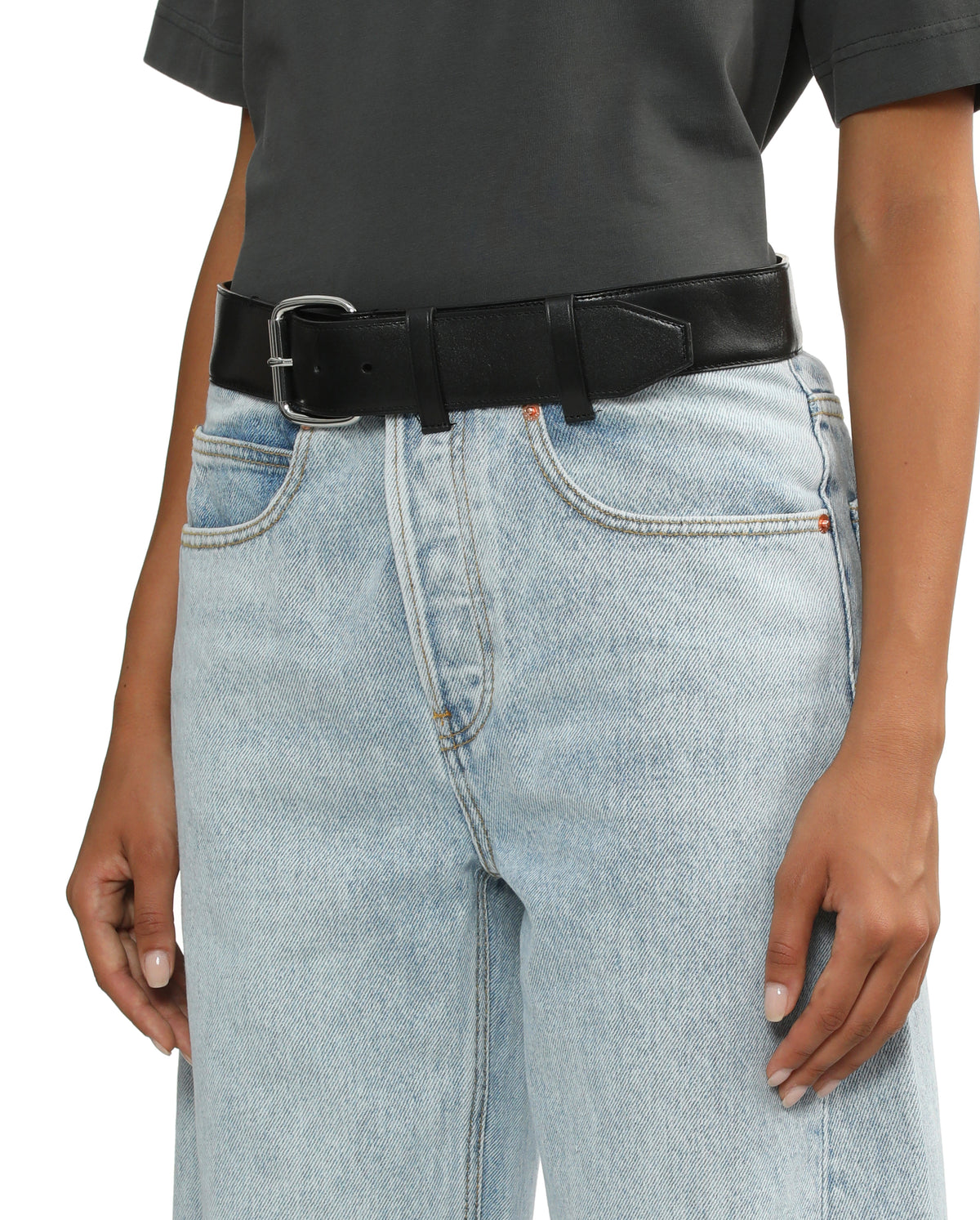 Leather belted balloon jeans