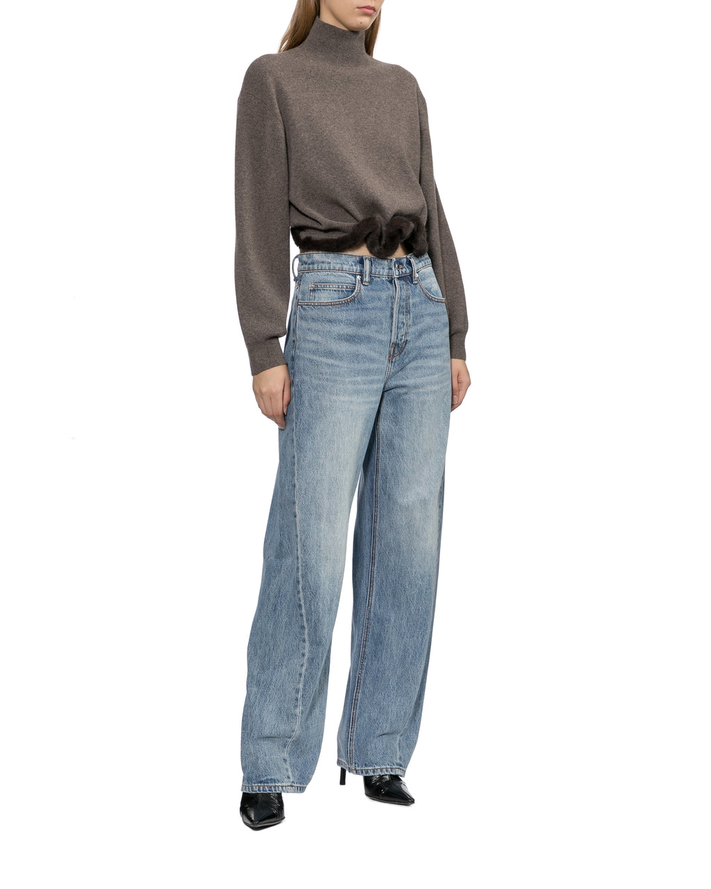 Faux fur hem mock neck sweater