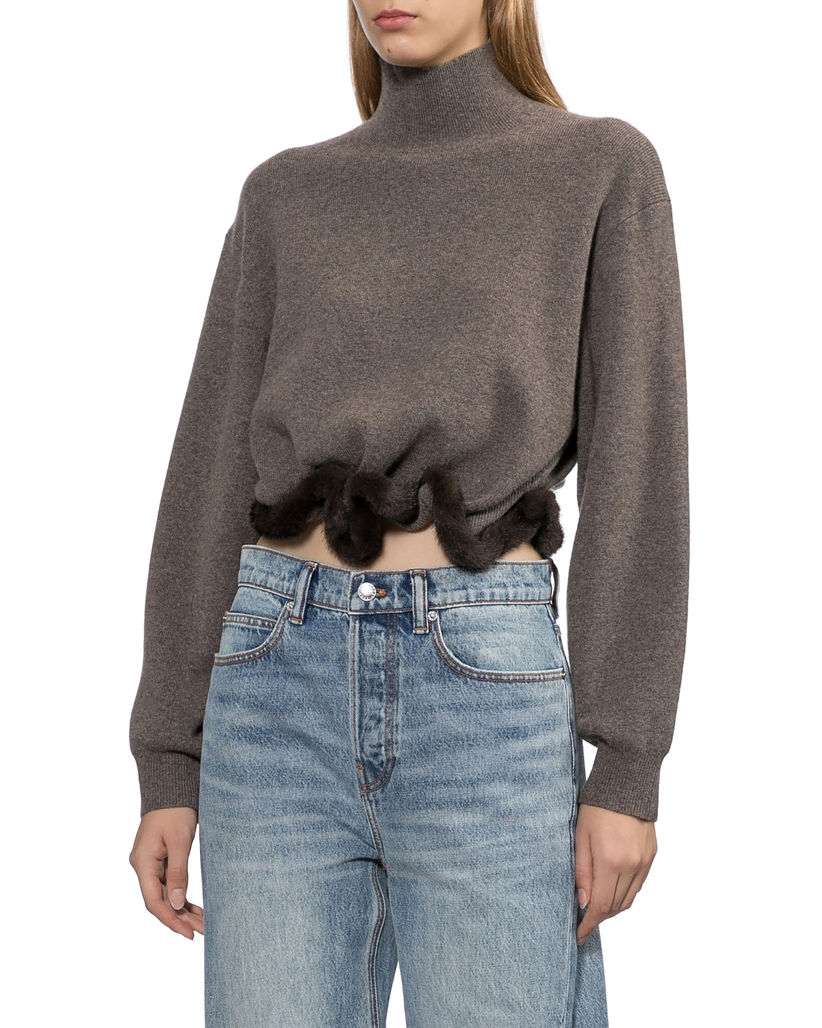 Faux fur hem mock neck sweater