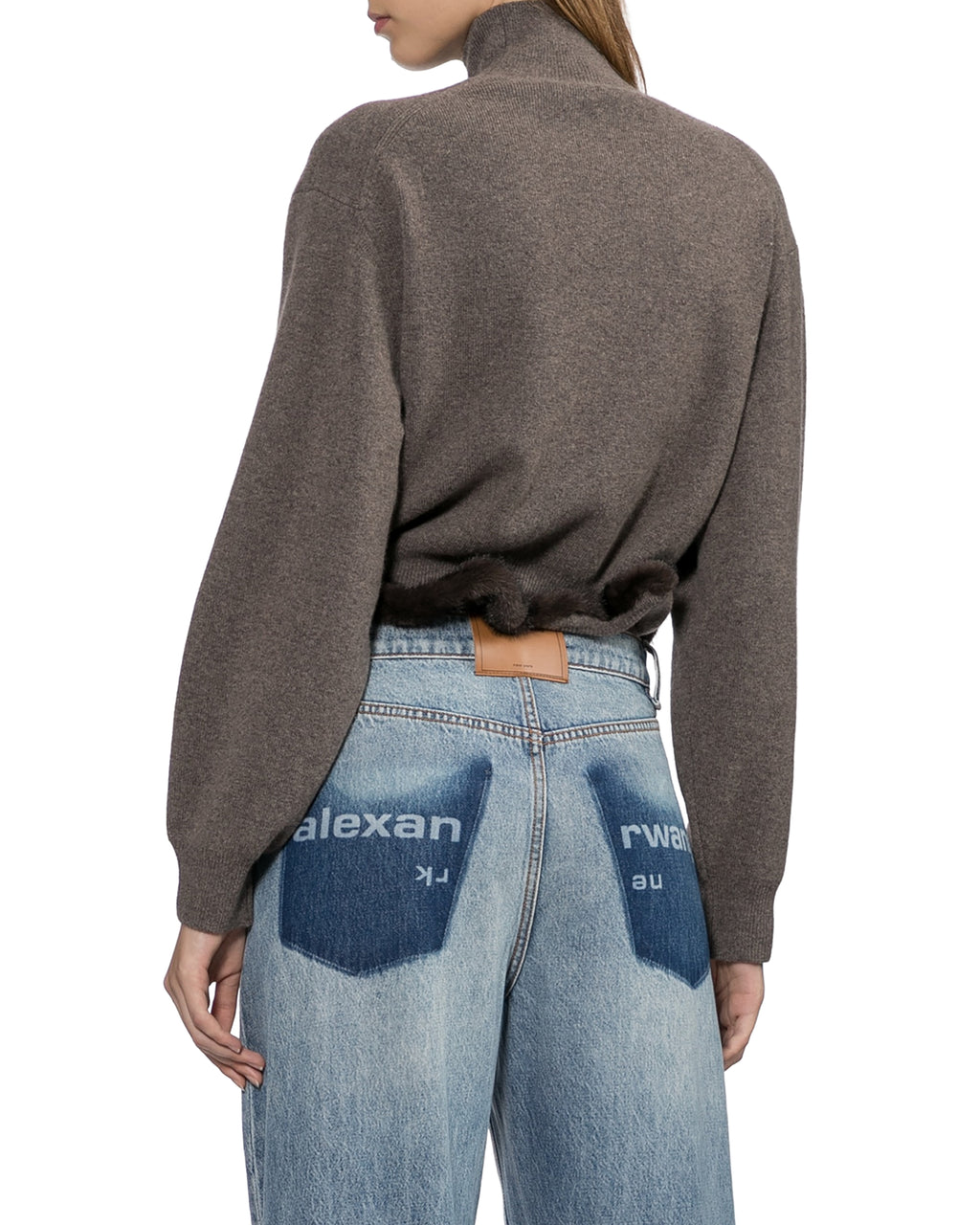 Faux fur hem mock neck sweater