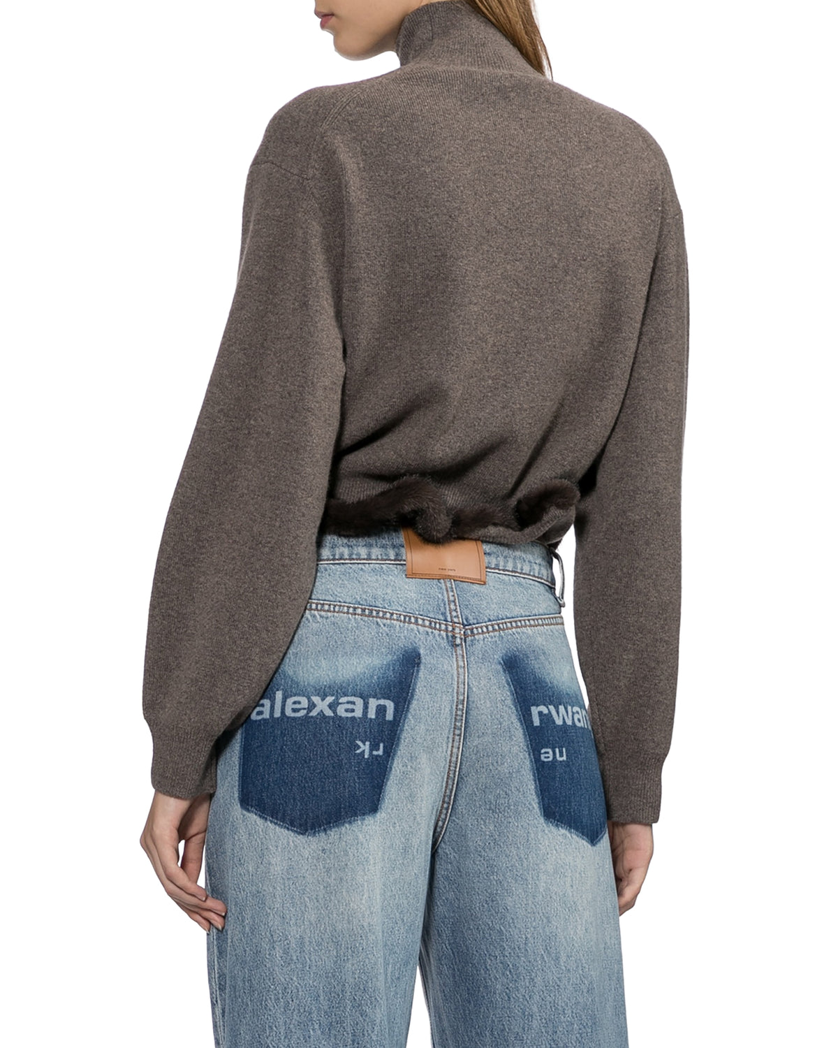 Faux fur hem mock neck sweater