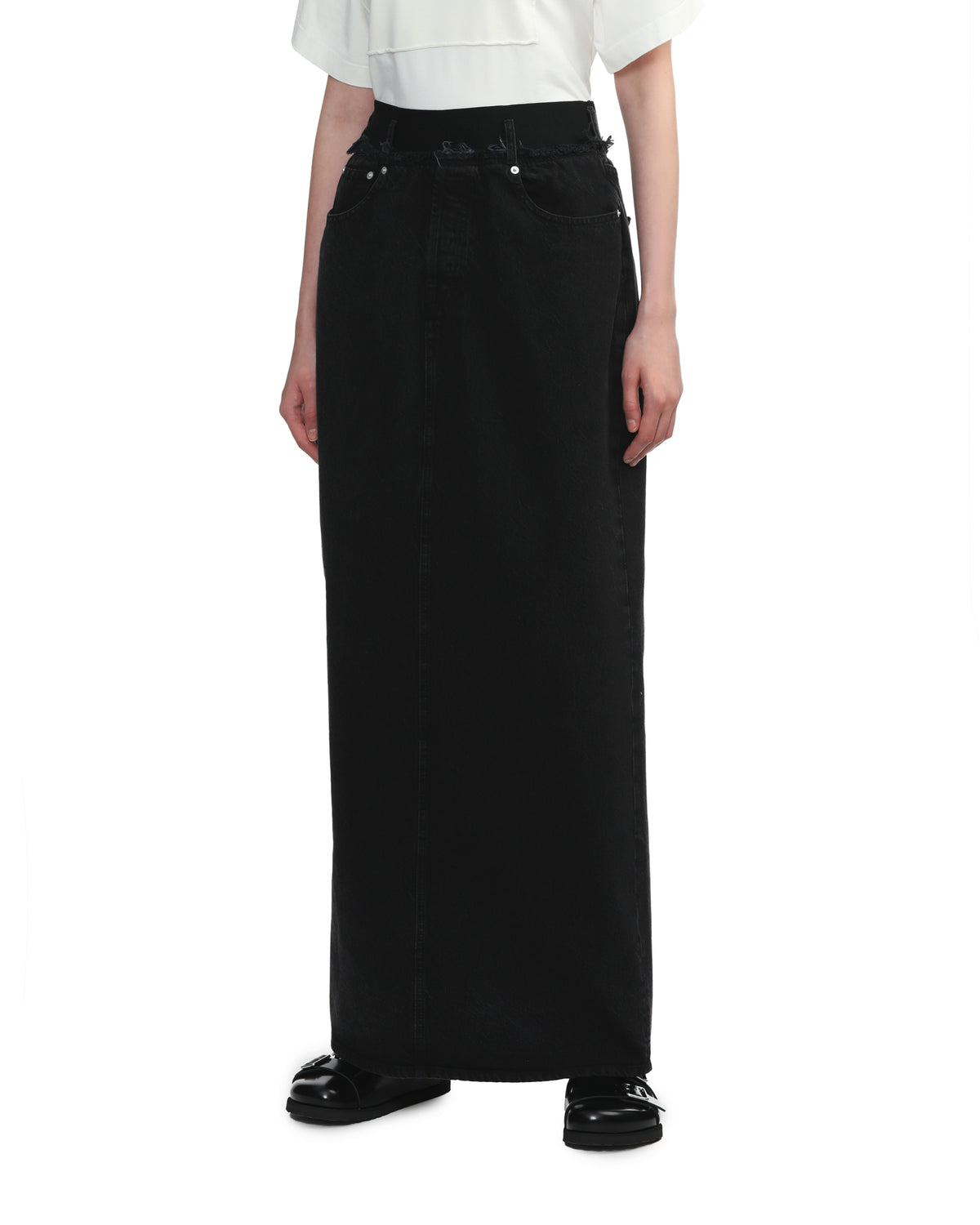 Elasticated denim maxi skirt