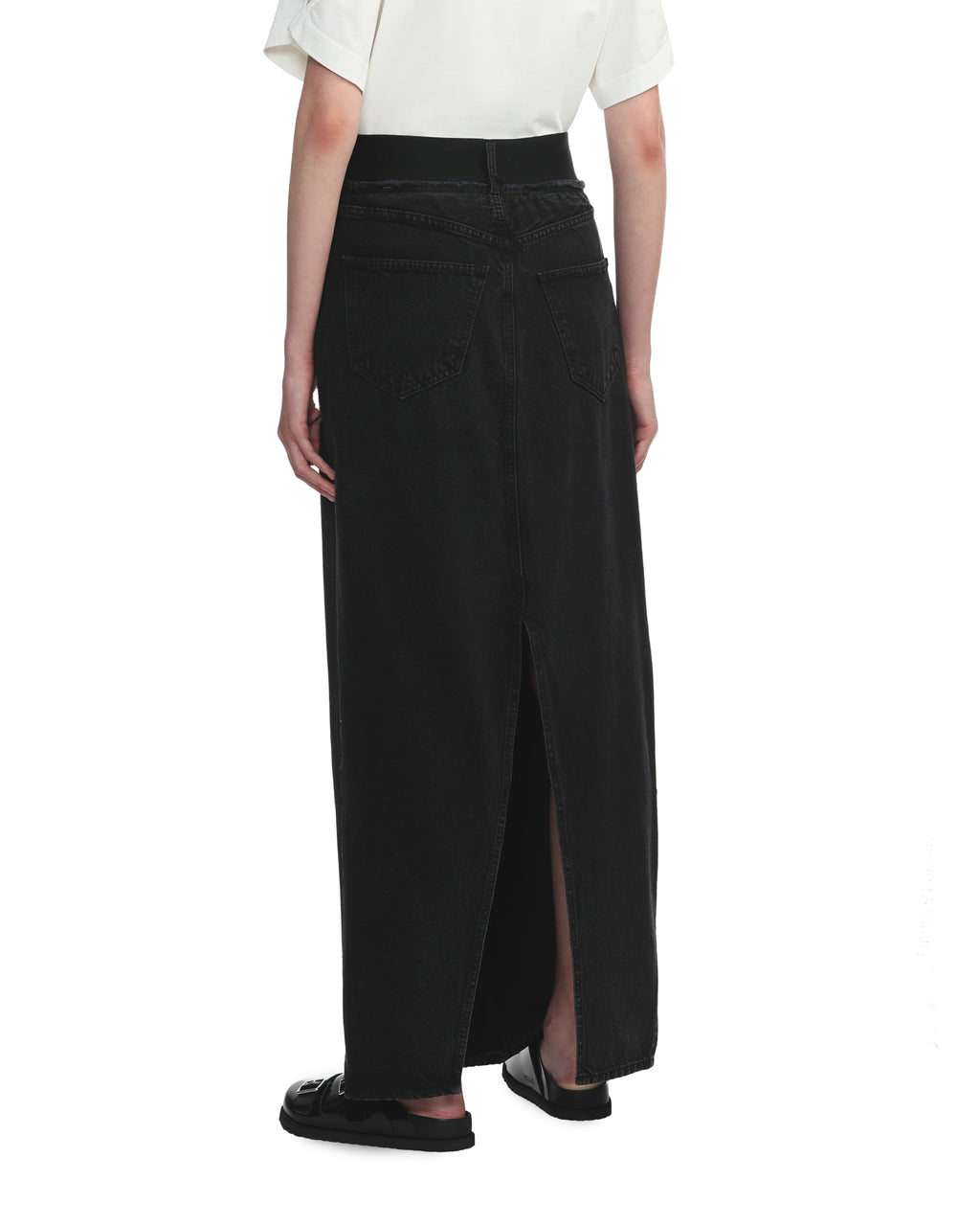 Elasticated denim maxi skirt