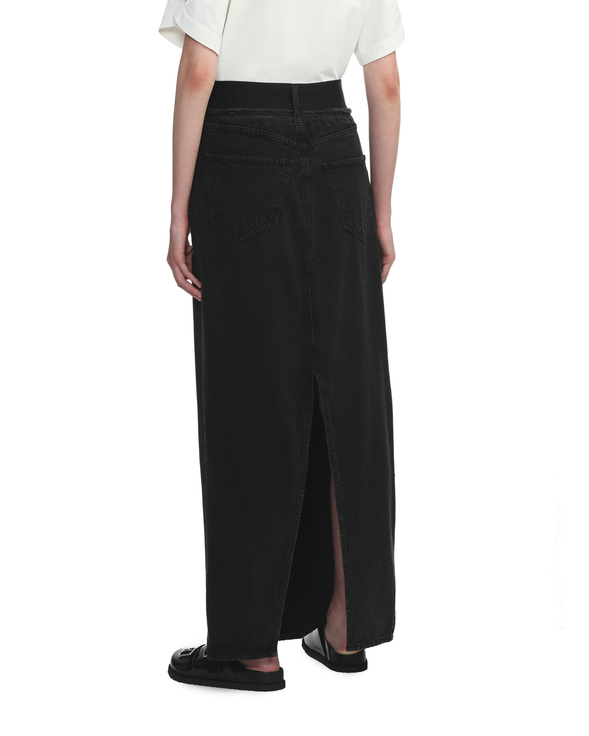 Elasticated denim maxi skirt