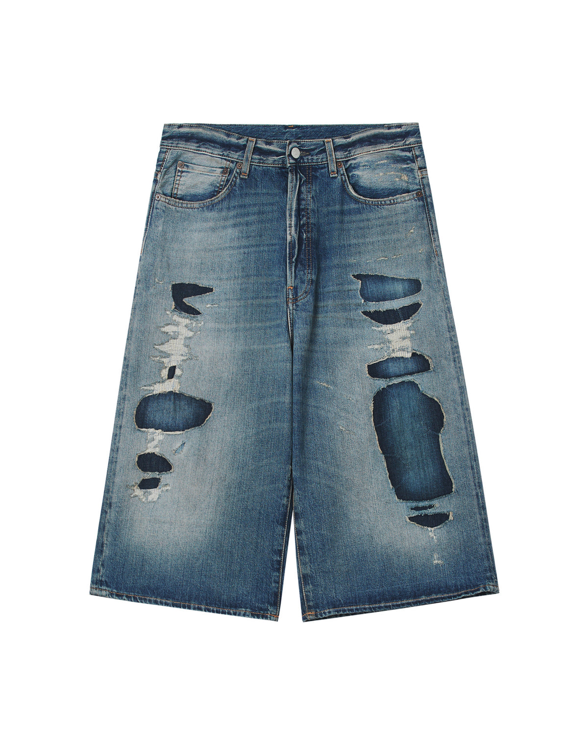 Mended denim shorts