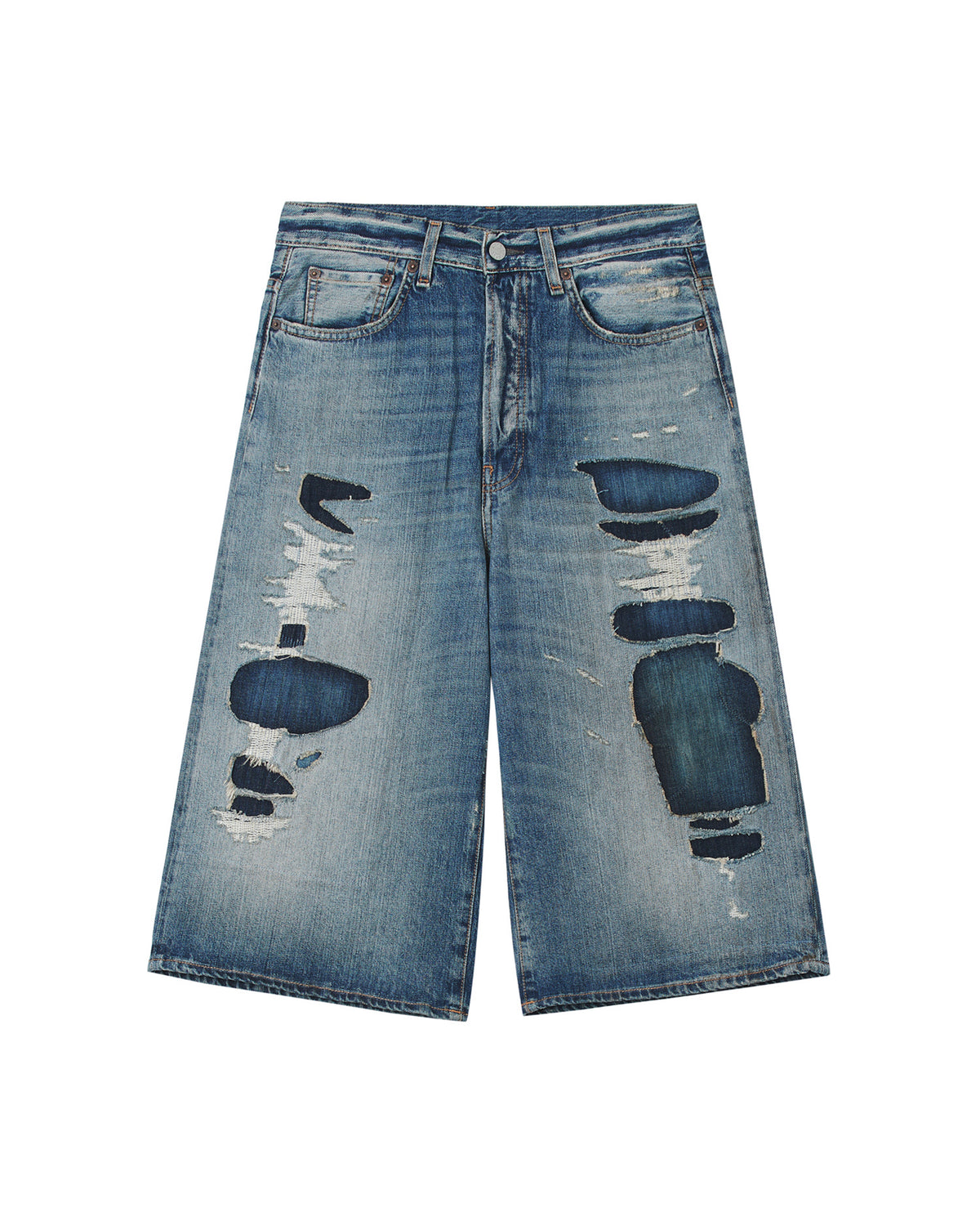 Mended denim shorts