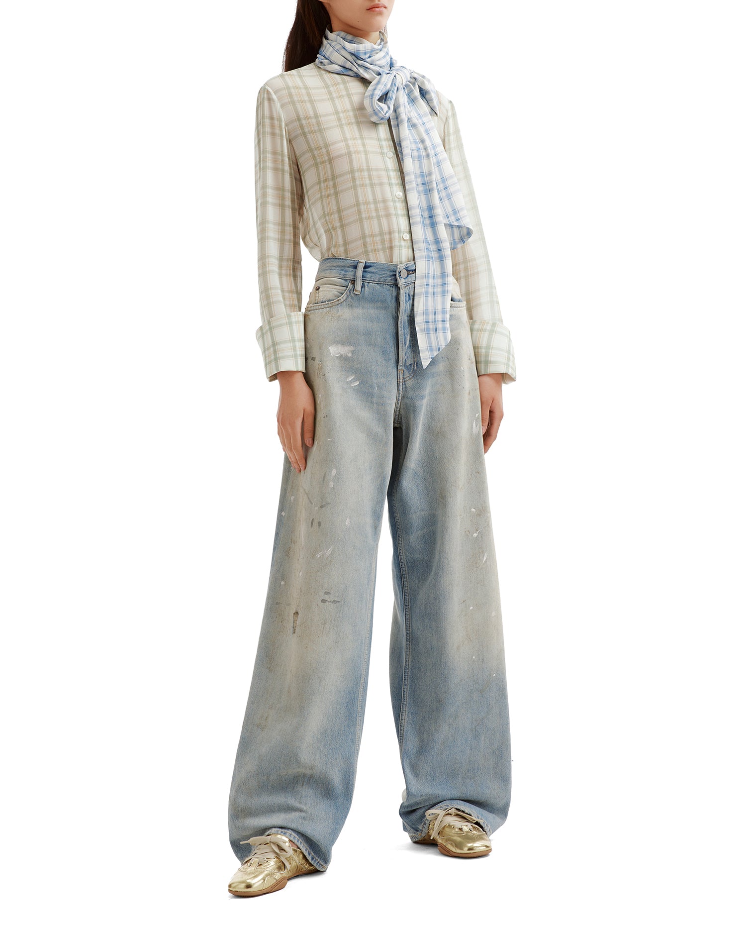 Scarf-neck plaid shirt