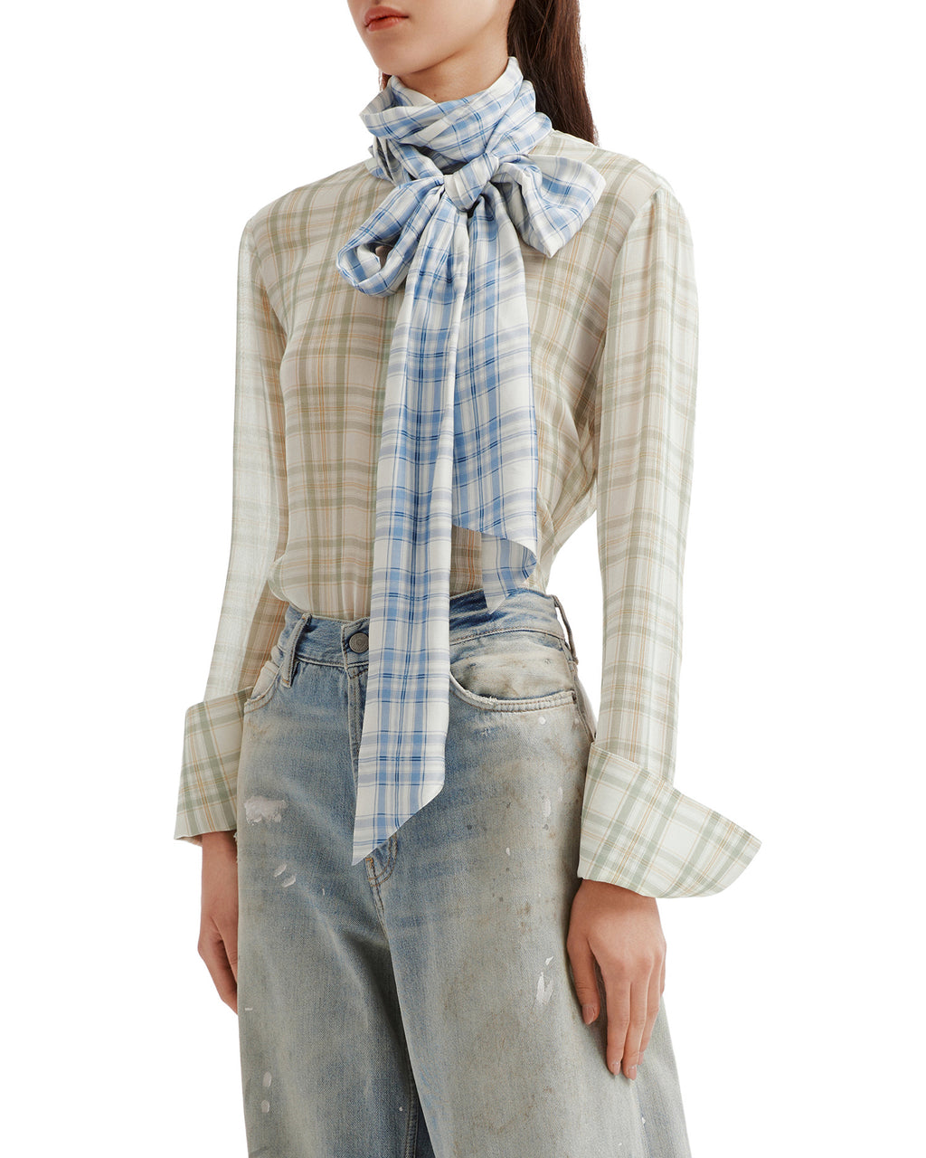 Scarf-neck plaid shirt