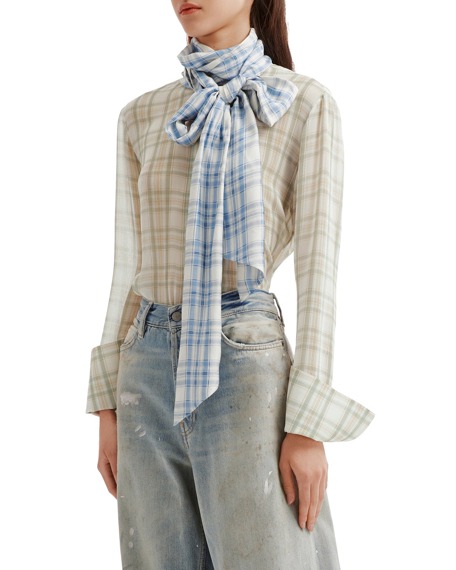 Scarf-neck plaid shirt