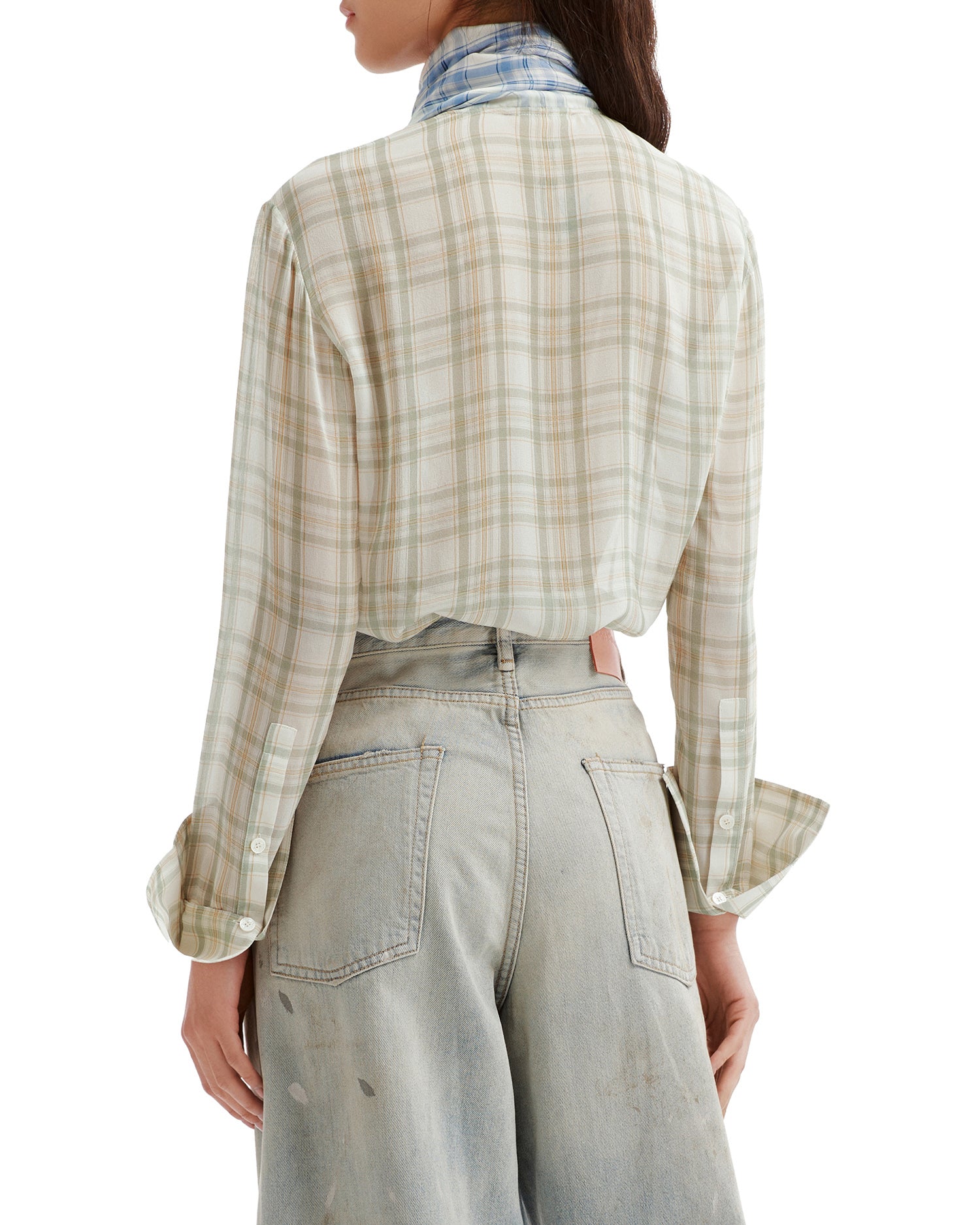 Scarf-neck plaid shirt