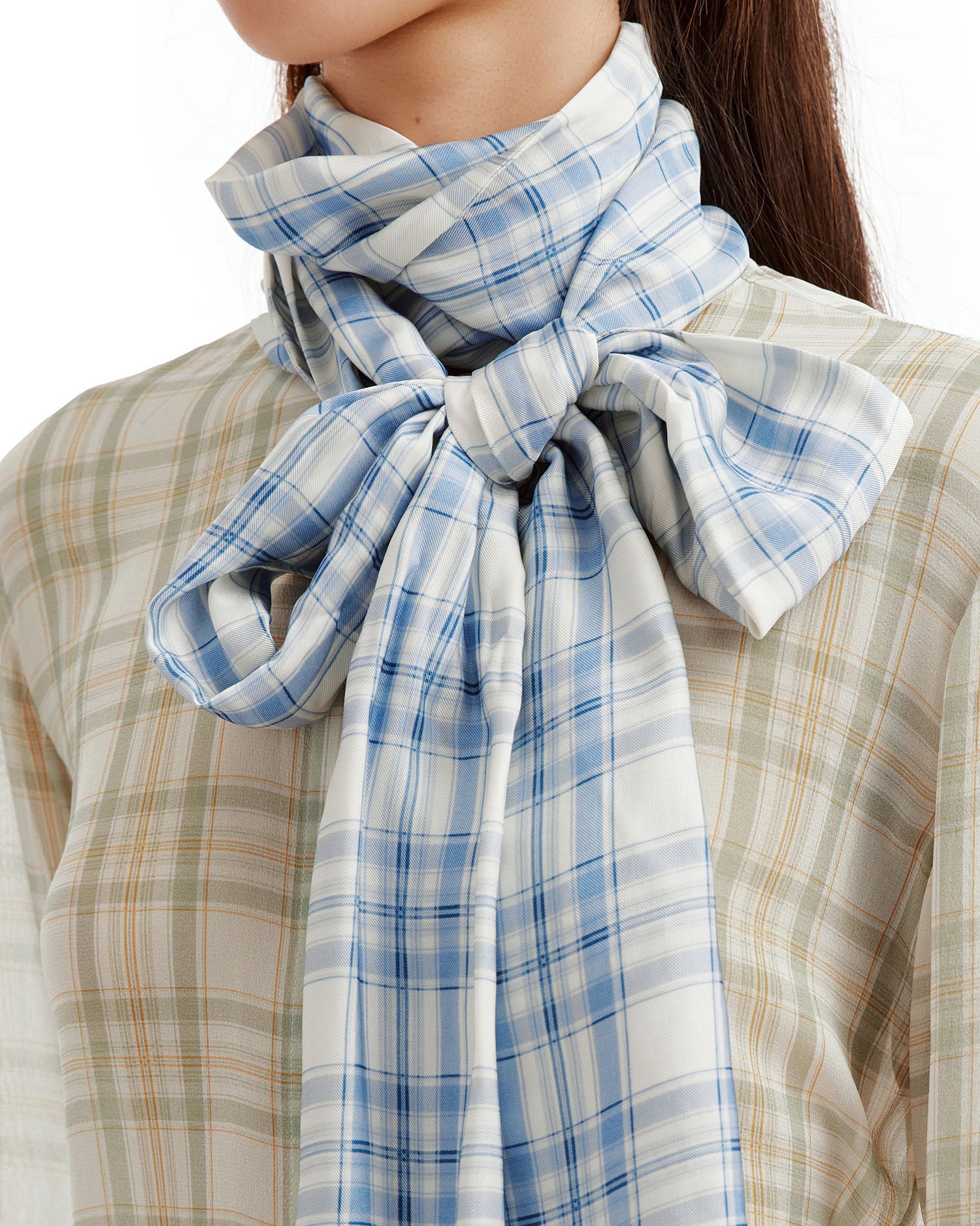 Scarf-neck plaid shirt