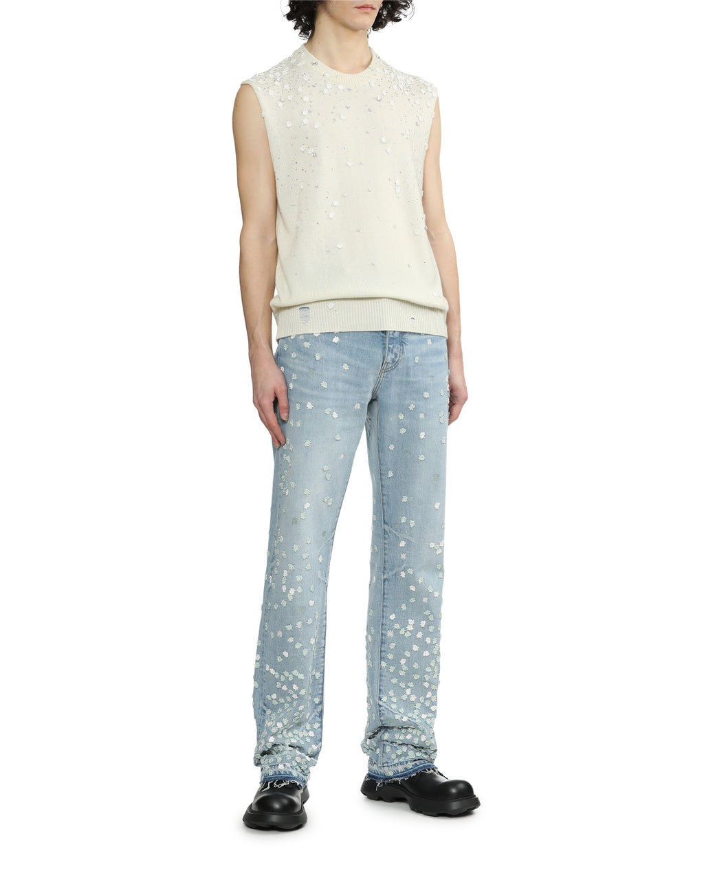 Floral-appliqué straight-leg jeans