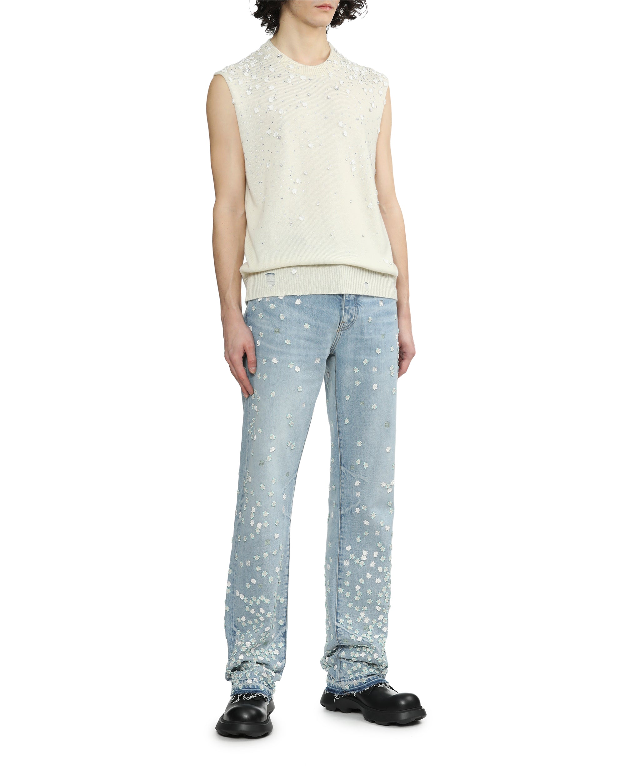 Floral-appliqué straight-leg jeans