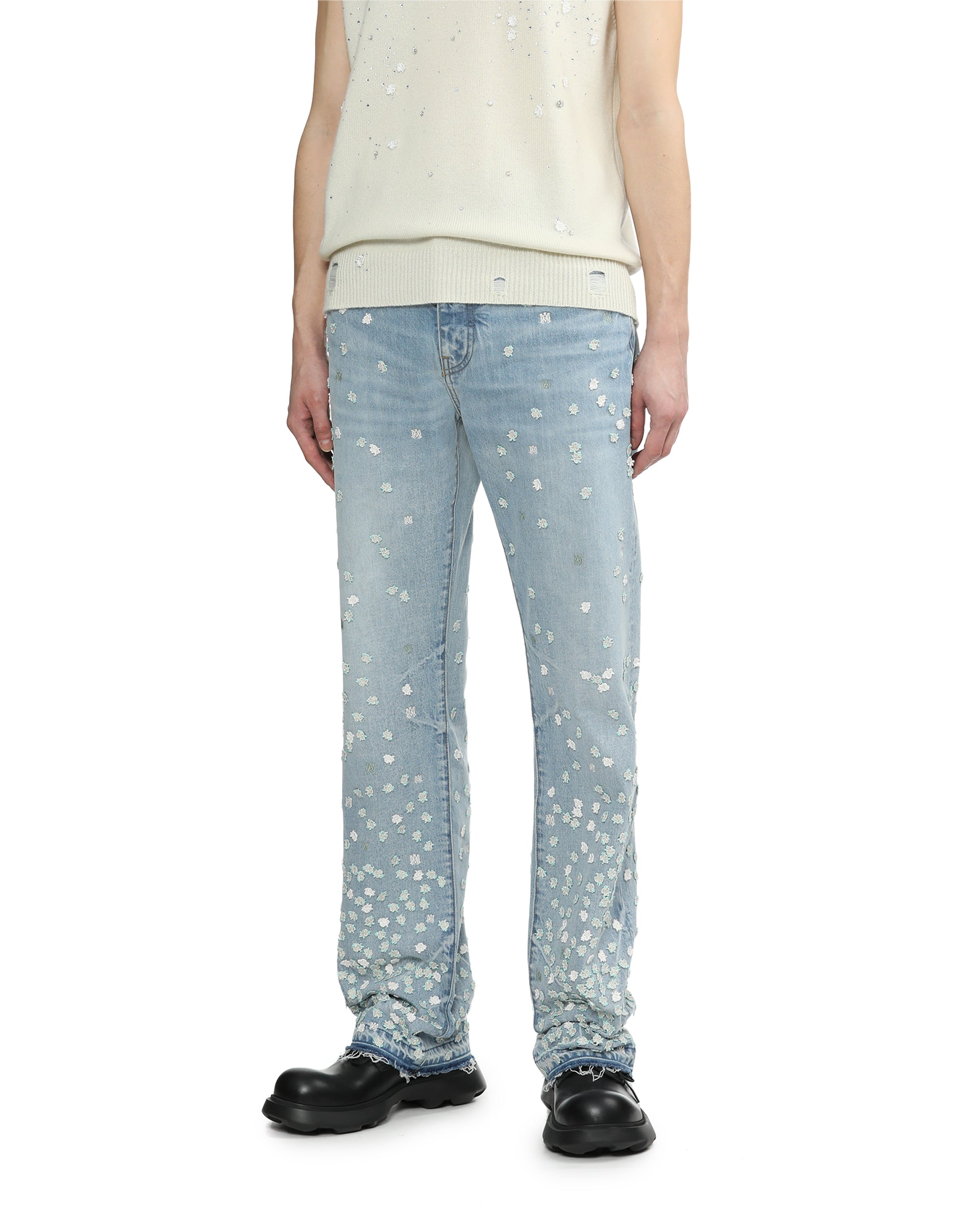 Floral-appliqué straight-leg jeans