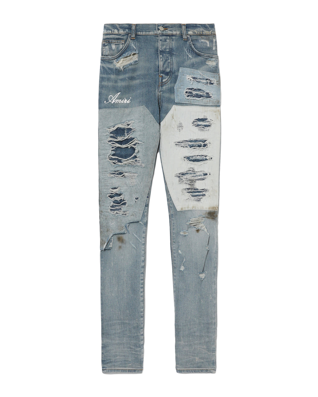 Distressed patchwork denim jeans