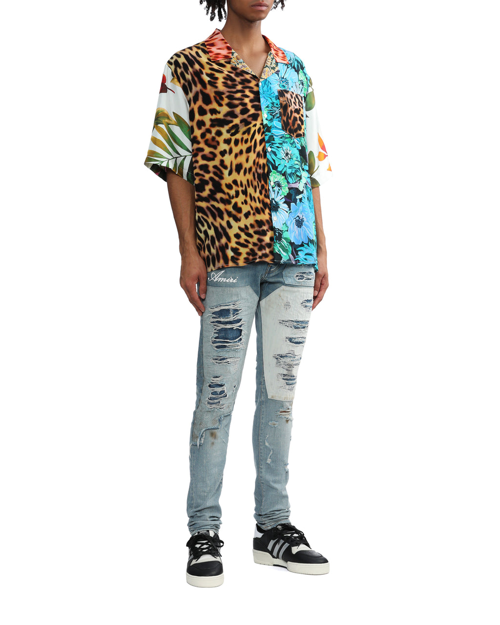Distressed patchwork denim jeans
