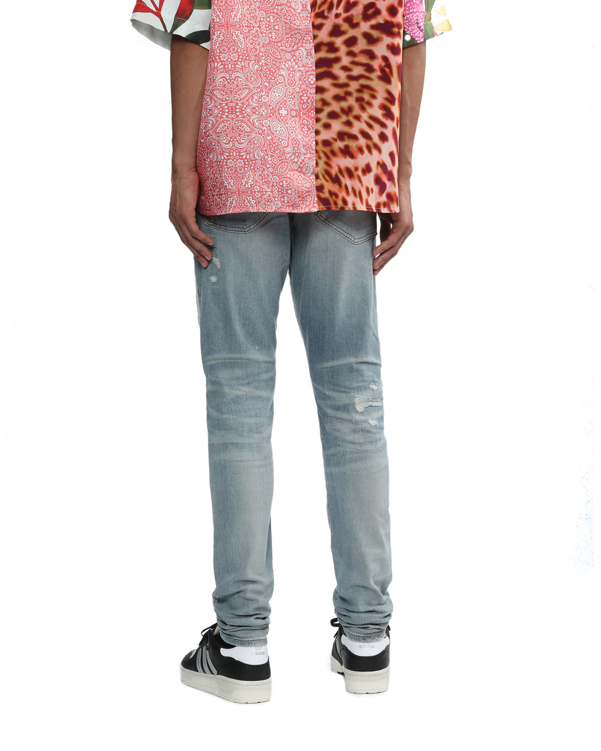 Distressed patchwork denim jeans