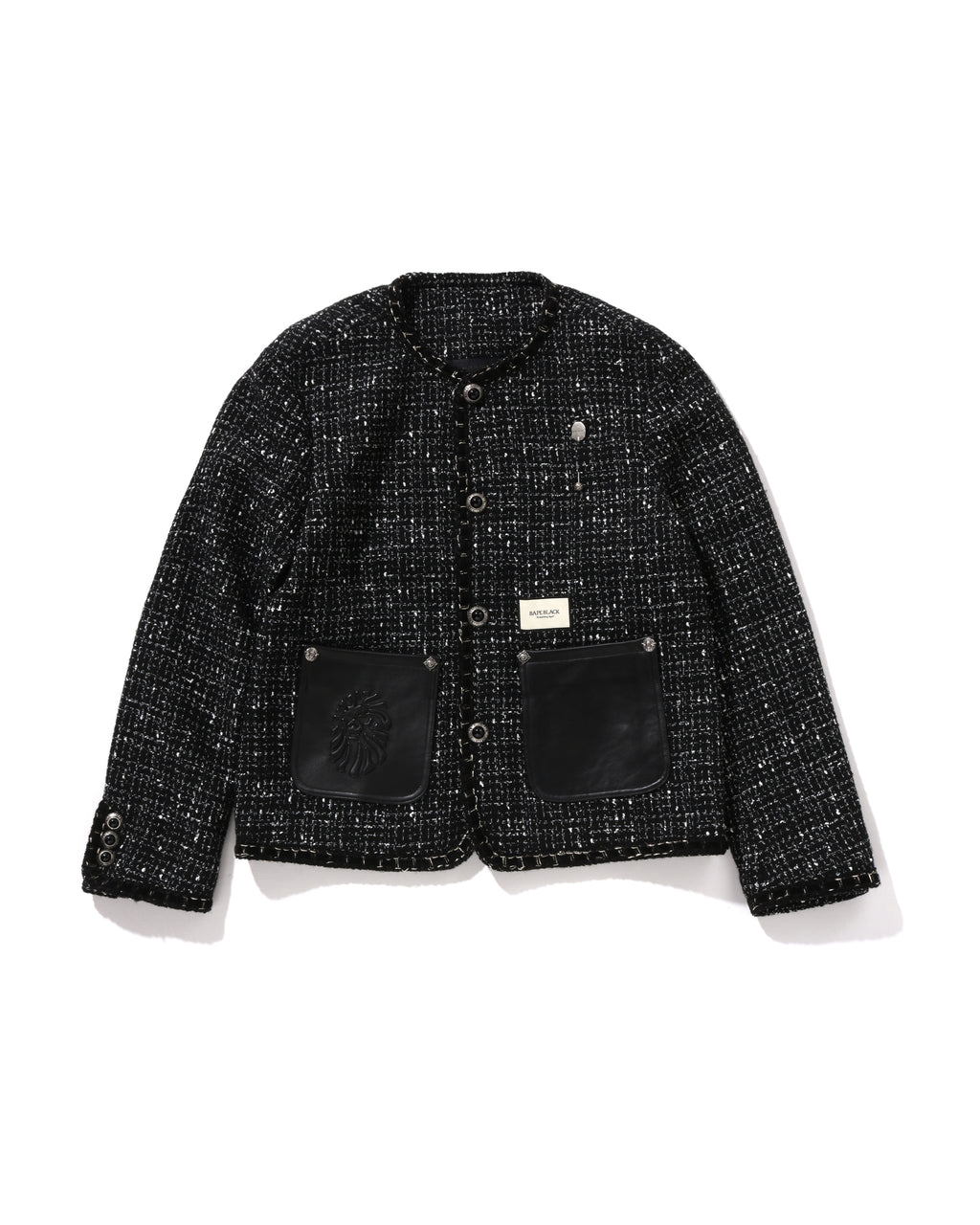Collarless Ornament Tweed Coat
