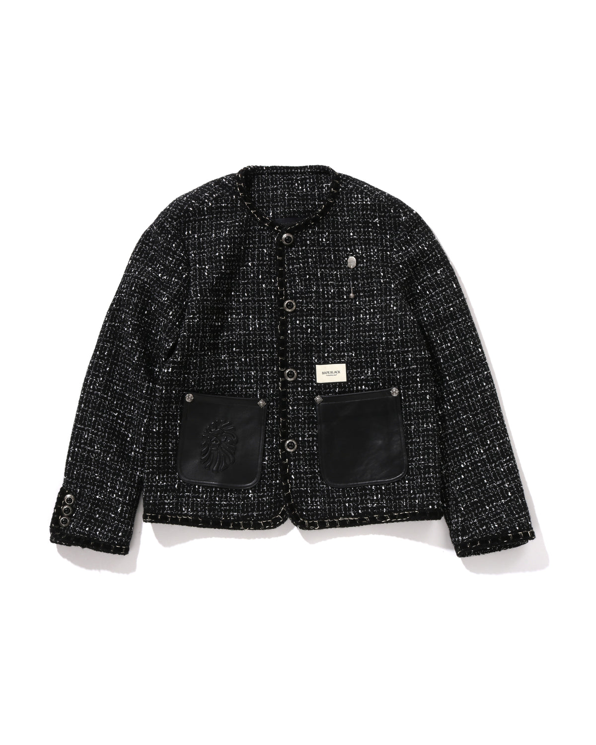 Collarless Ornament Tweed Coat