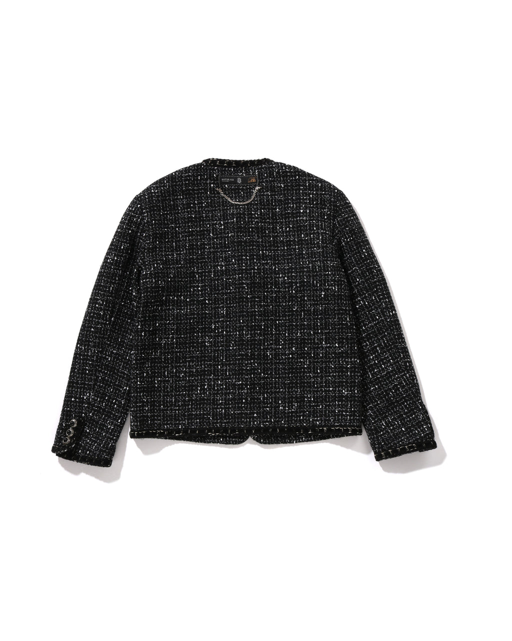 Collarless Ornament Tweed Coat