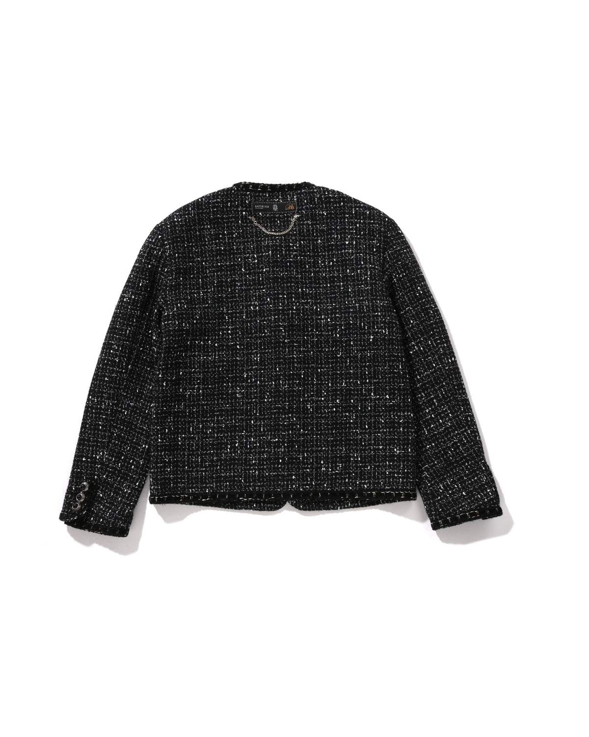 Collarless Ornament Tweed Coat