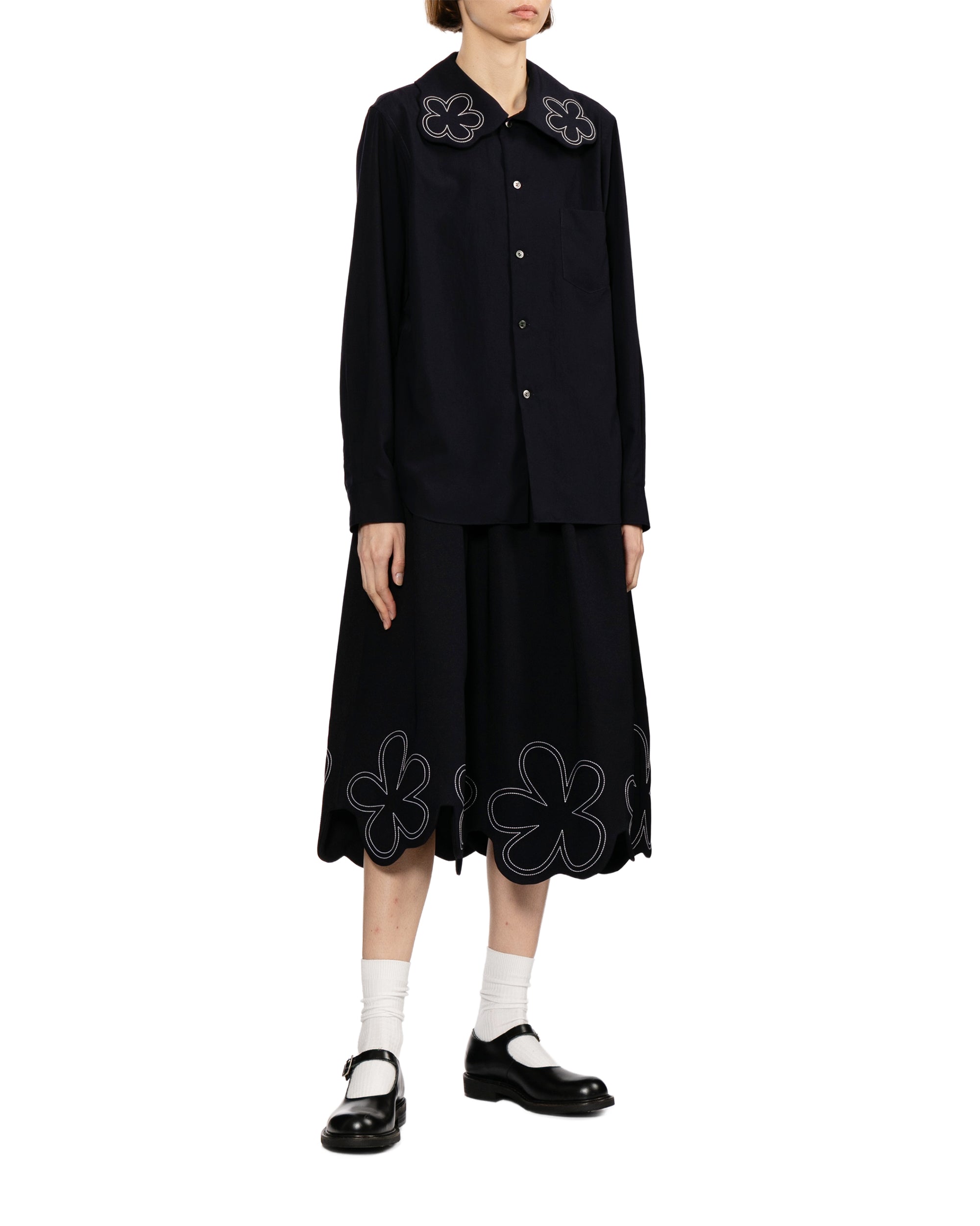 Floral-trim long sleeve shirt