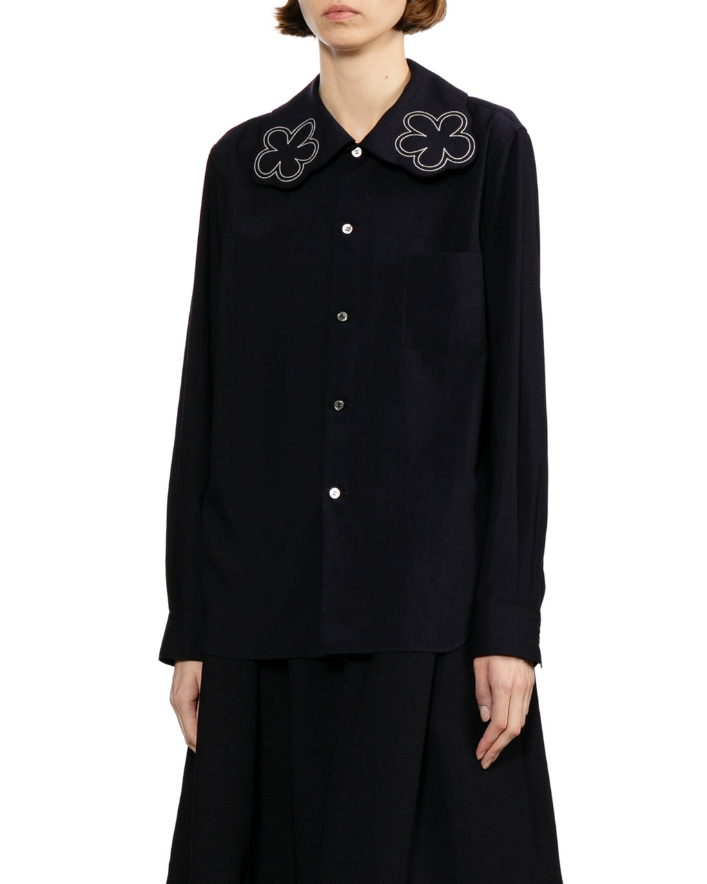 Floral-trim long sleeve shirt