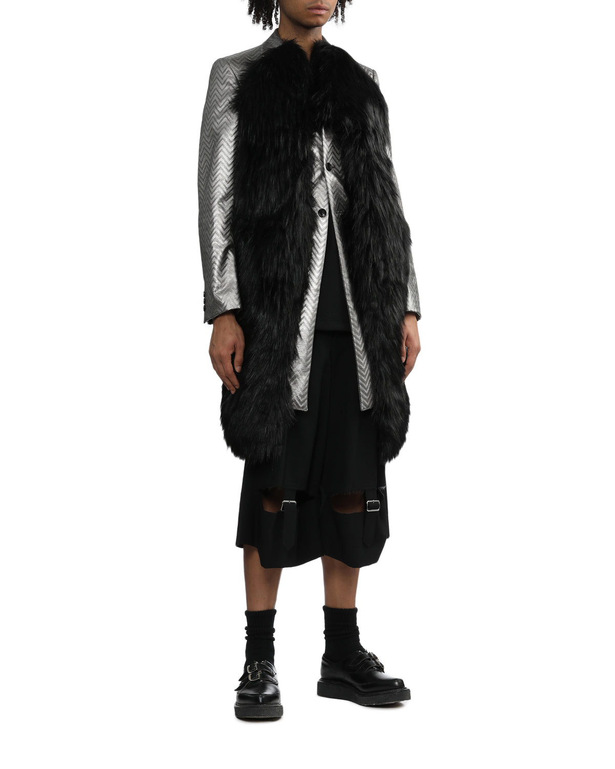 Fur patchwork herringbone blazer