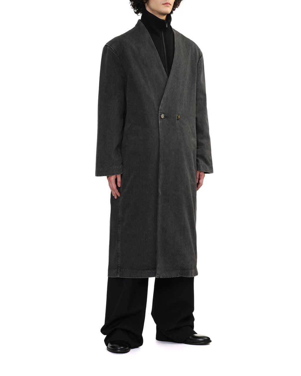 Denim duster lapelless coat