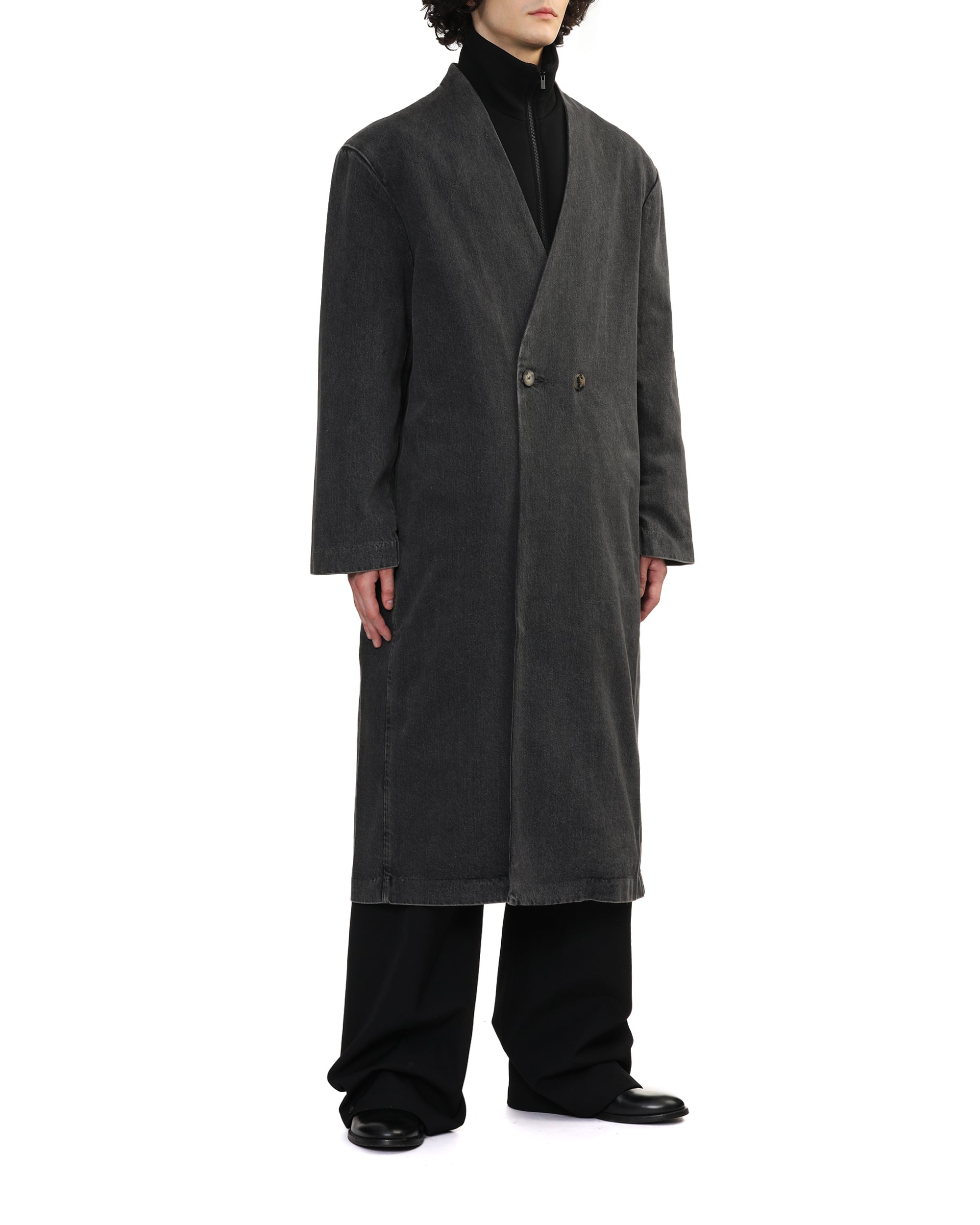 Denim duster lapelless coat