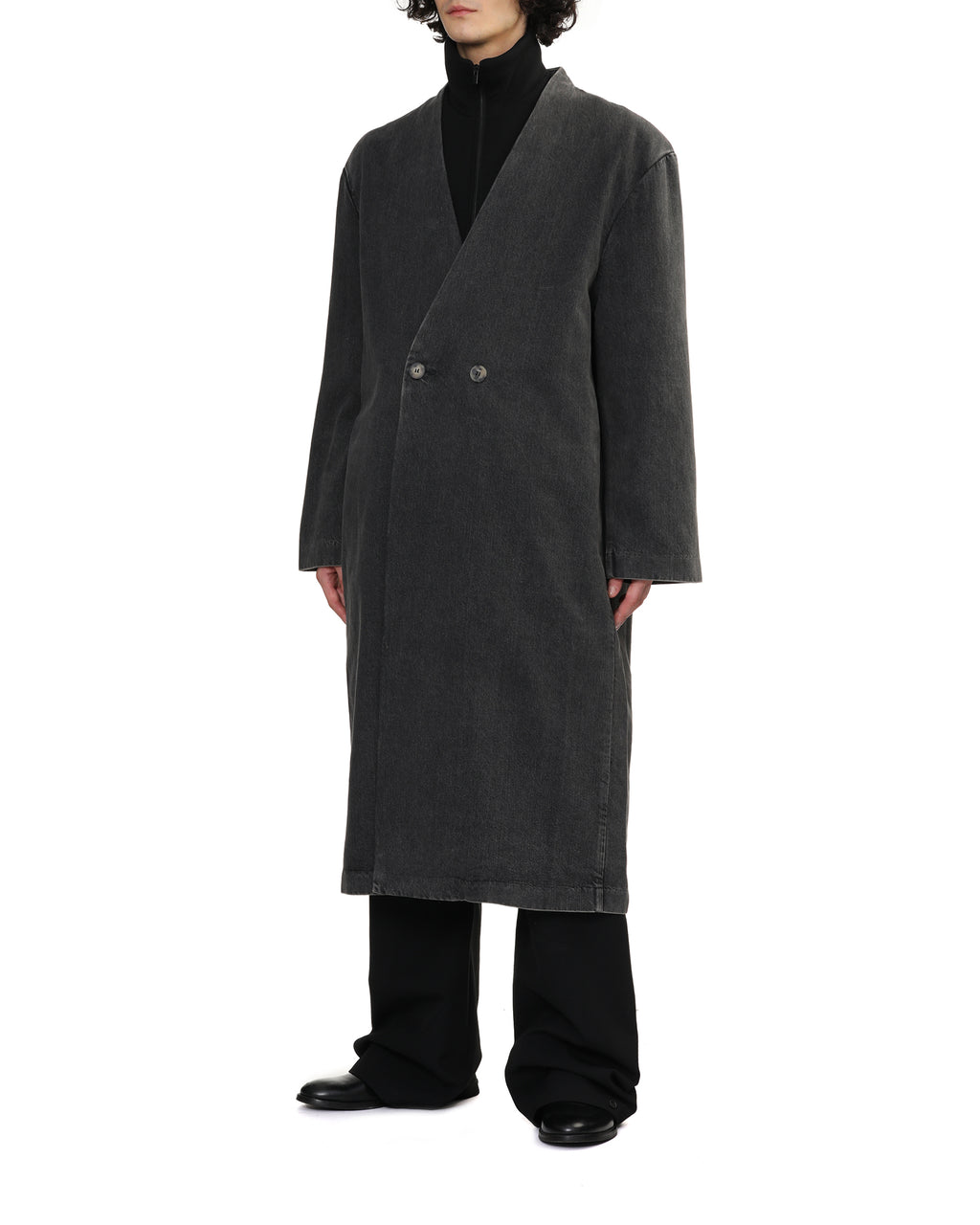Denim duster lapelless coat