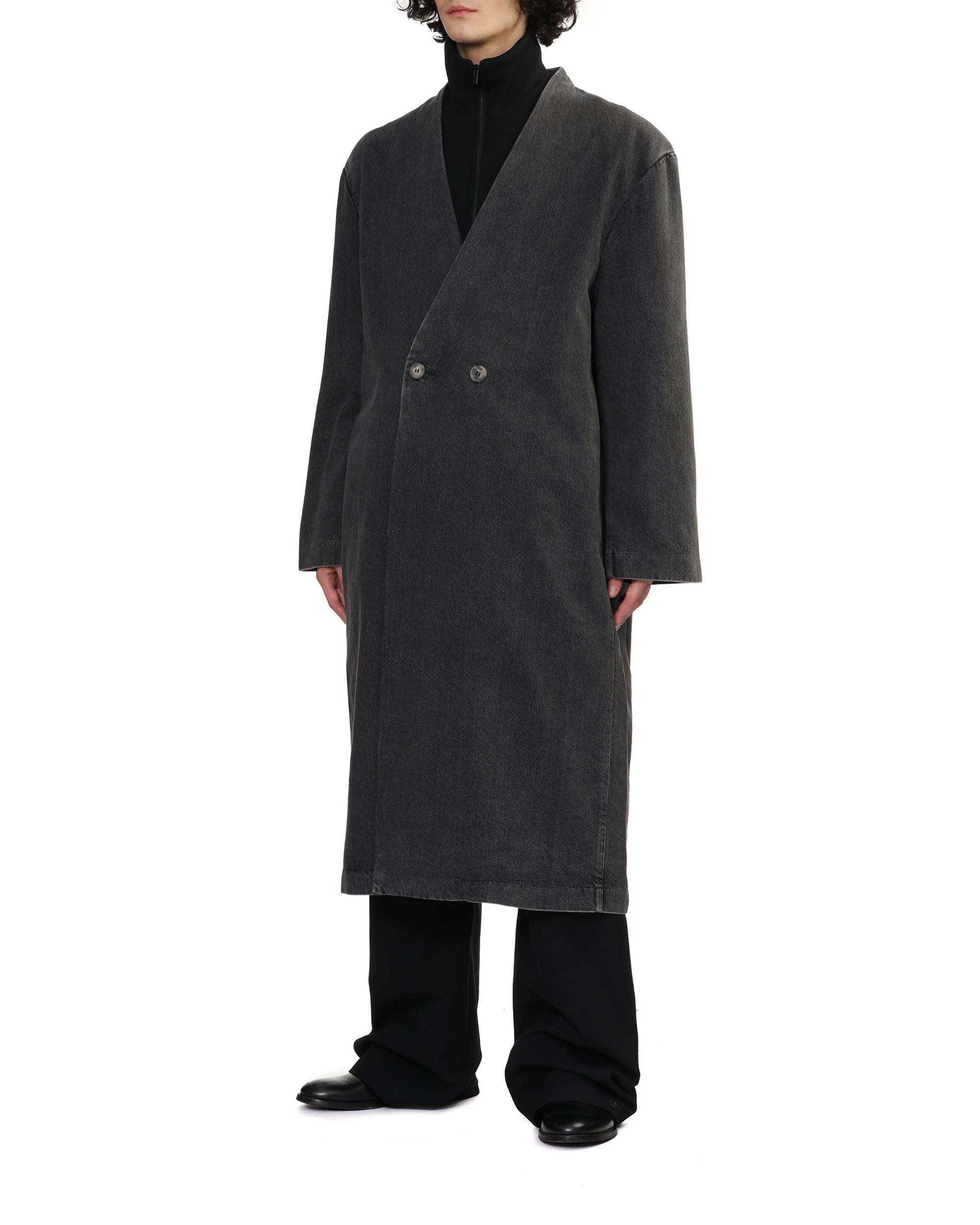 Denim duster lapelless coat