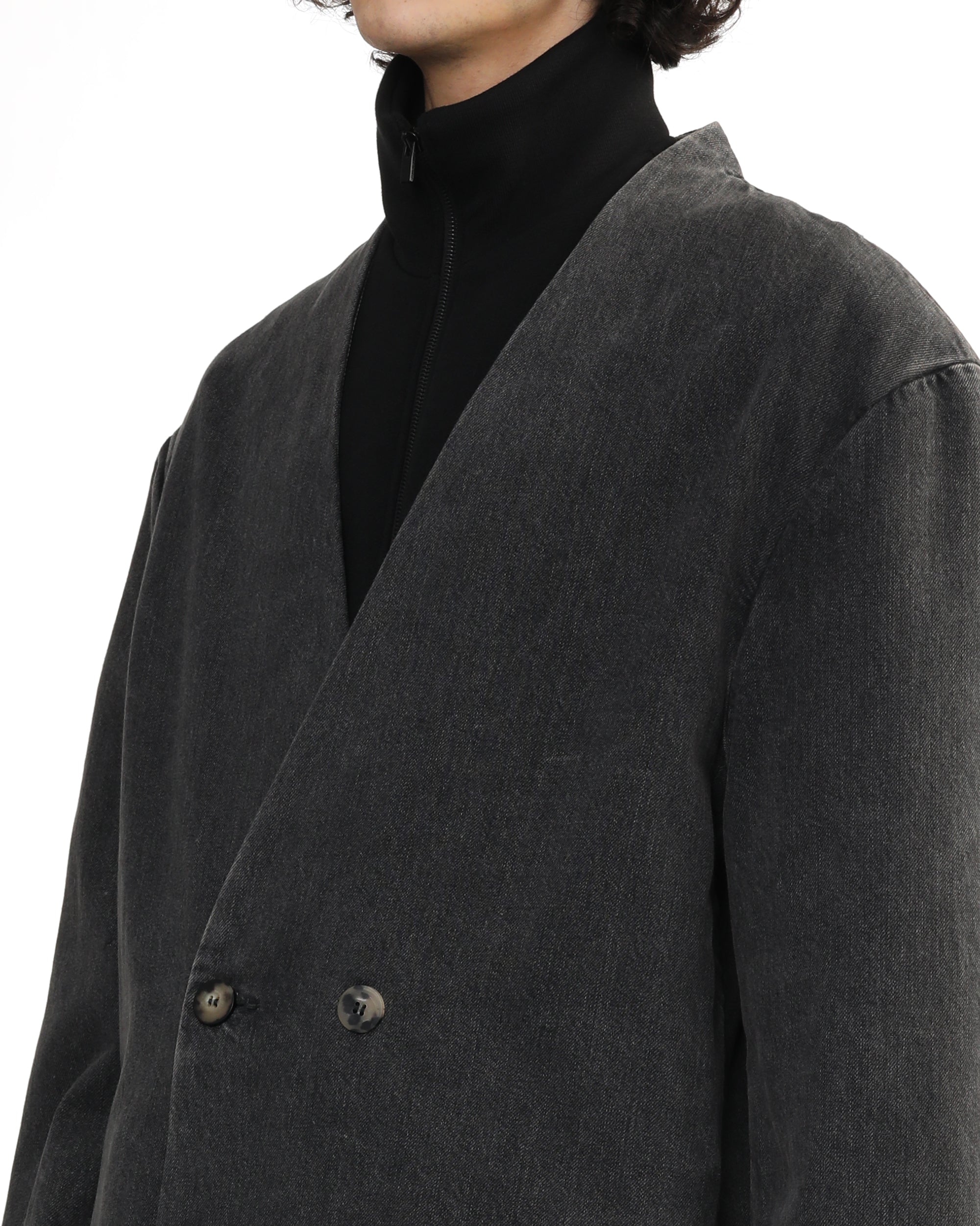 Denim duster lapelless coat
