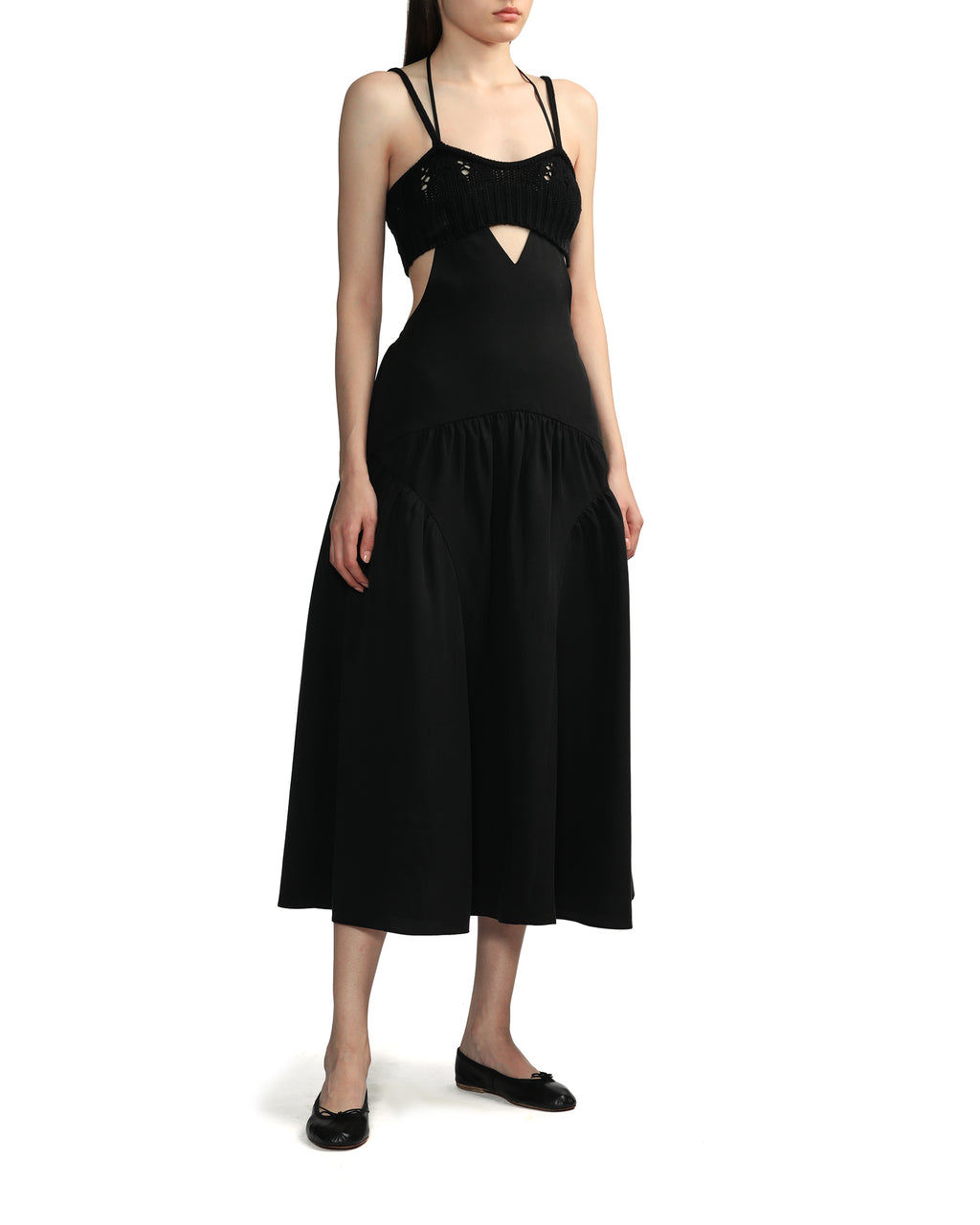 Crochet knitted bra-top layered cut-out halterneck midi dress