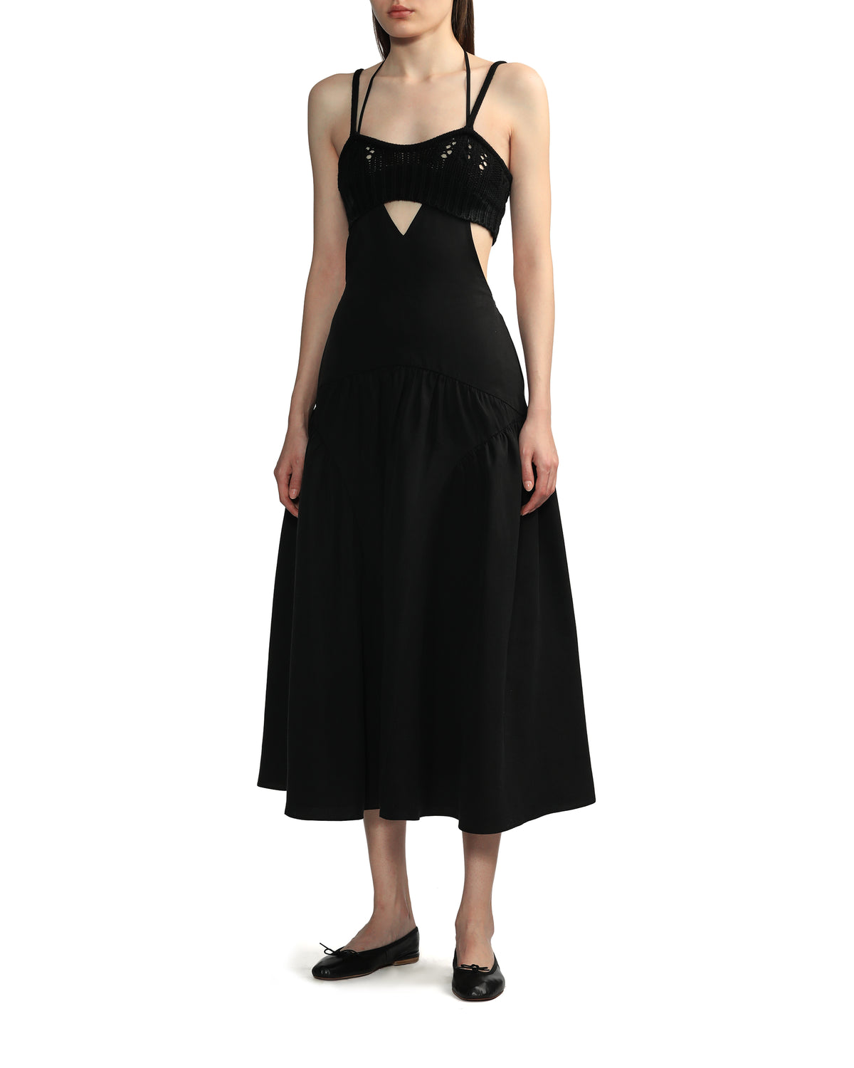 Crochet knitted bra-top layered cut-out halterneck midi dress